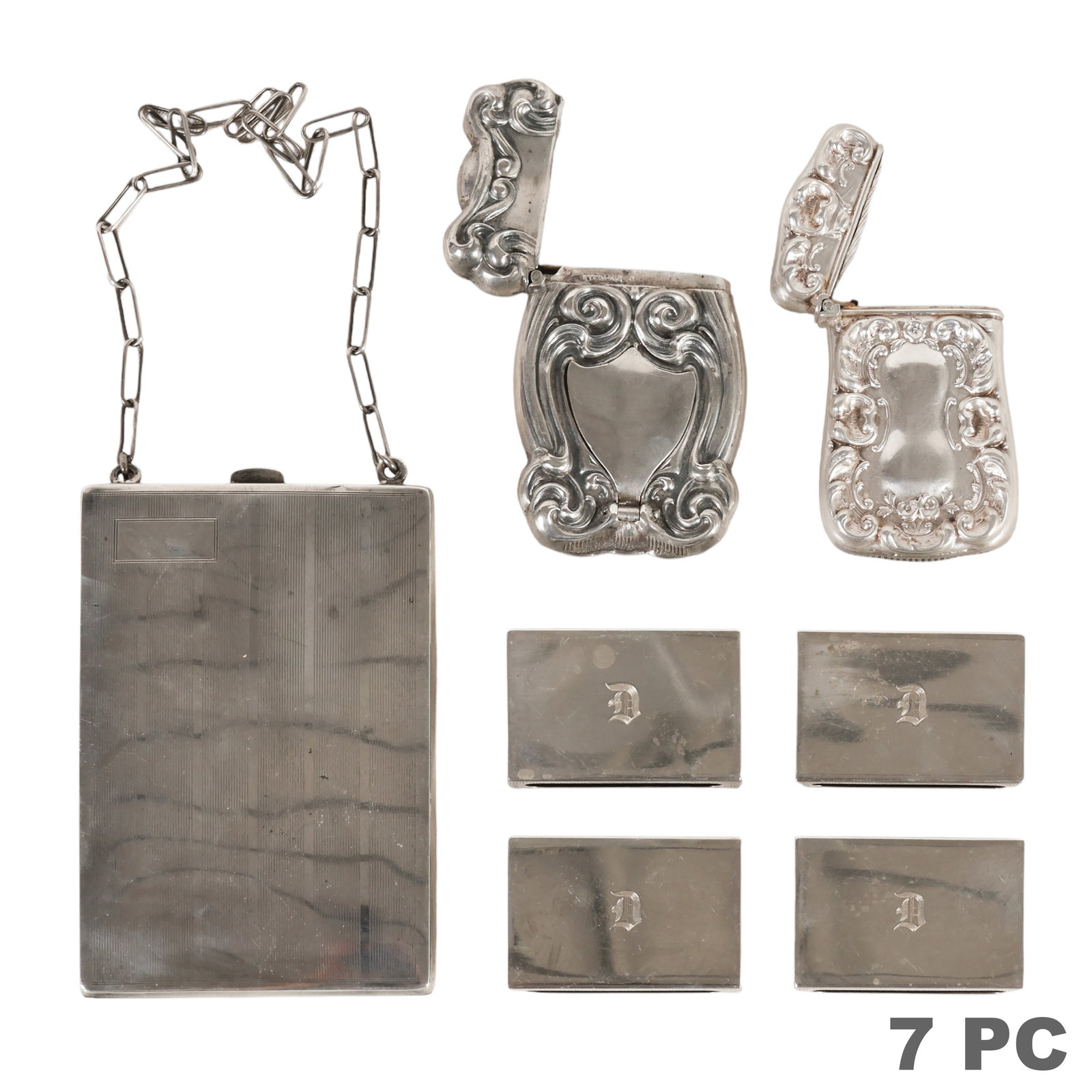 Sterling Matchbox Covers Compact and More LOT 200g: Lot of seven sterling silver articles comprising four Gorham rectangular matchbox covers, each monogrammed and measuring approximately 0.5 x 1.75 x 1 inch; two repousse sterling silver match safes wit