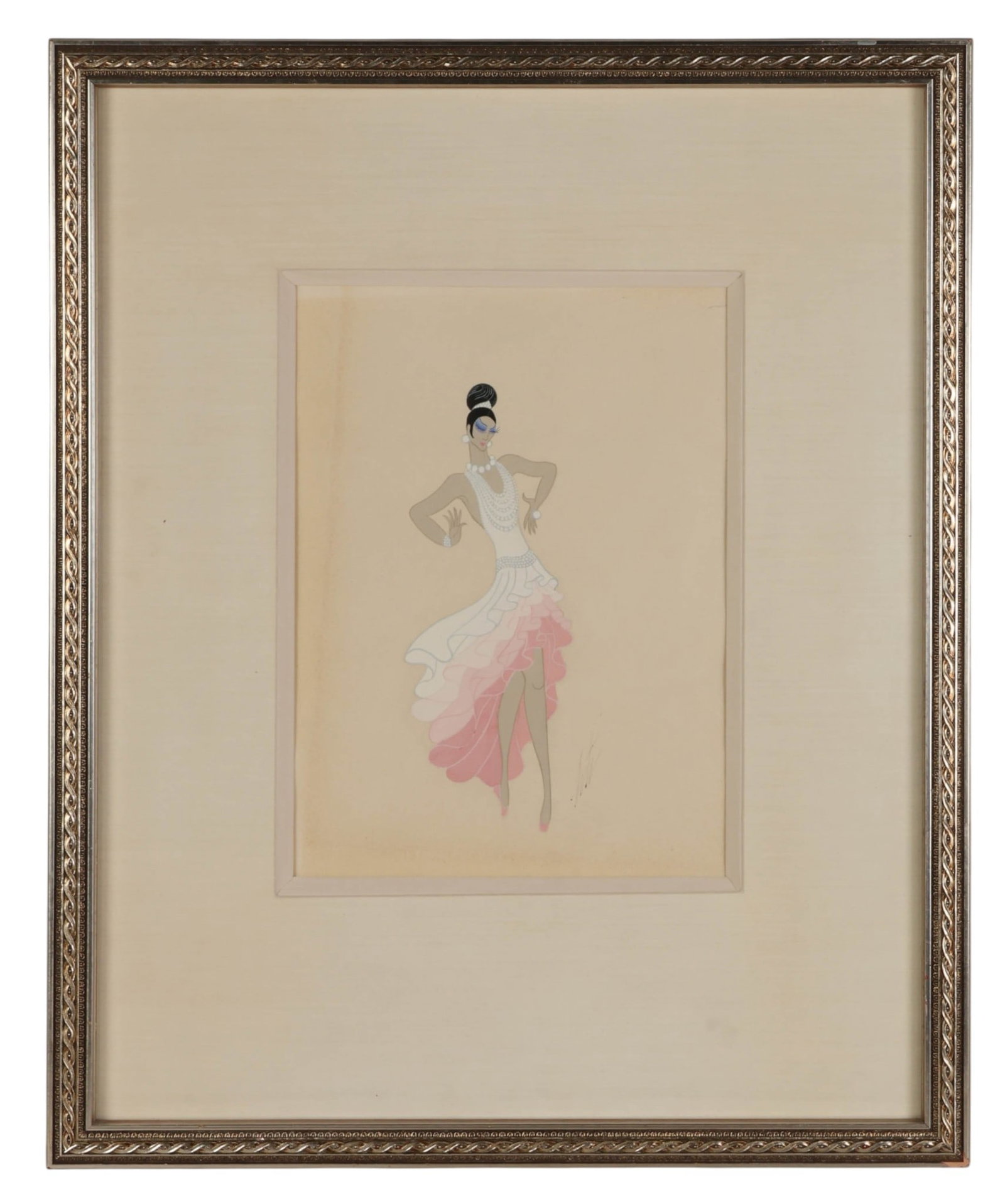 Erte 1892-1990 Art Deco Costume Gouache Painting: Romain de Tirtoff, Erte (French/Russian, 1892-1990), I've Got Rhythm, 1975, gouache on paper from Rags, depicting a stylized female figure in an elaborate layered pink and white costume with pearl