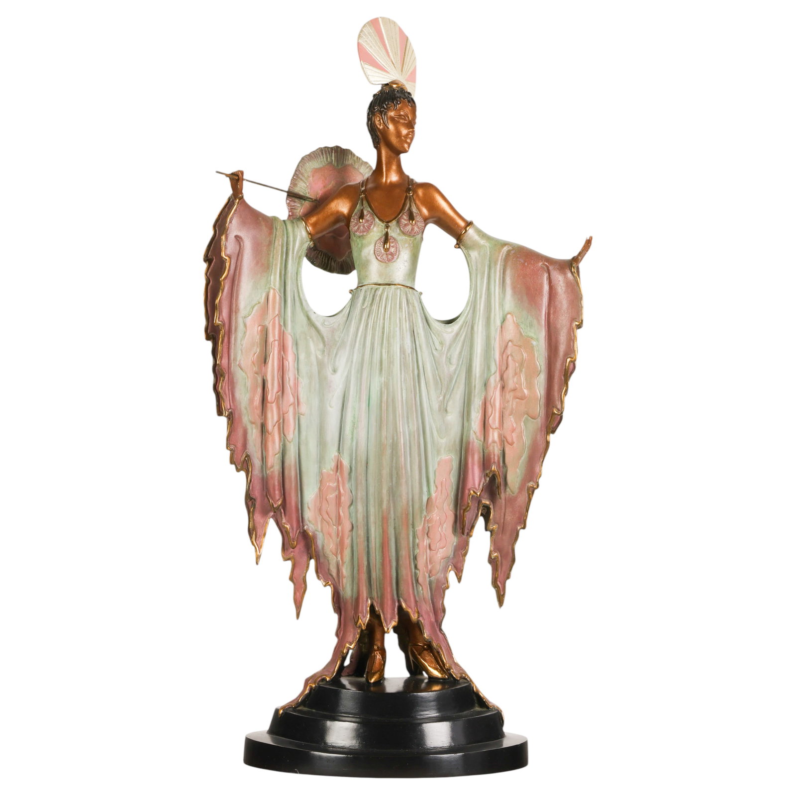 Erte 1892-1990 Bronze "Twilight" 1986 LE Sculpture: Romain de Tirtoff, Erte (French/Russian, 1892-1990), "Twilight," 1986, patinated and polychrome cast bronze sculpture depicting an elegant Art Deco female figure with outstretched arms, flowing