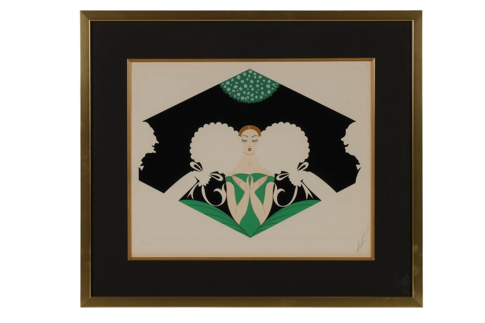 Erte 1892-1990 "The Suitors" 1980 Serigraph SIGNED: Erte (Romain de Tirtoff, French, 1892-1990), The Suitors, color and metallic embossed serigraph on paper depicting an elegantly stylized female figure surrounded by two suitors in Erte's