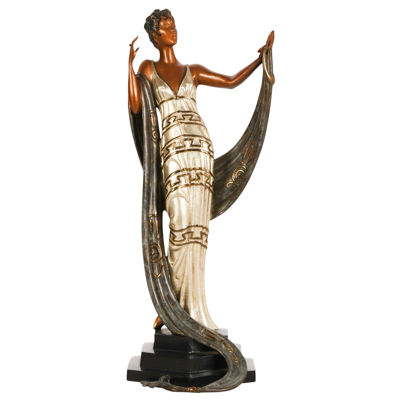 Erte 1892-1990 Bronze "La Coquette" 1986 Sculpture: Romain de Tirtoff, Erte (French/Russian, 1892-1990), "La Coquette," 1986, Art Deco patinated and silvered cast bronze sculpture depicting an elegantly posed female figure in a long classical gown with