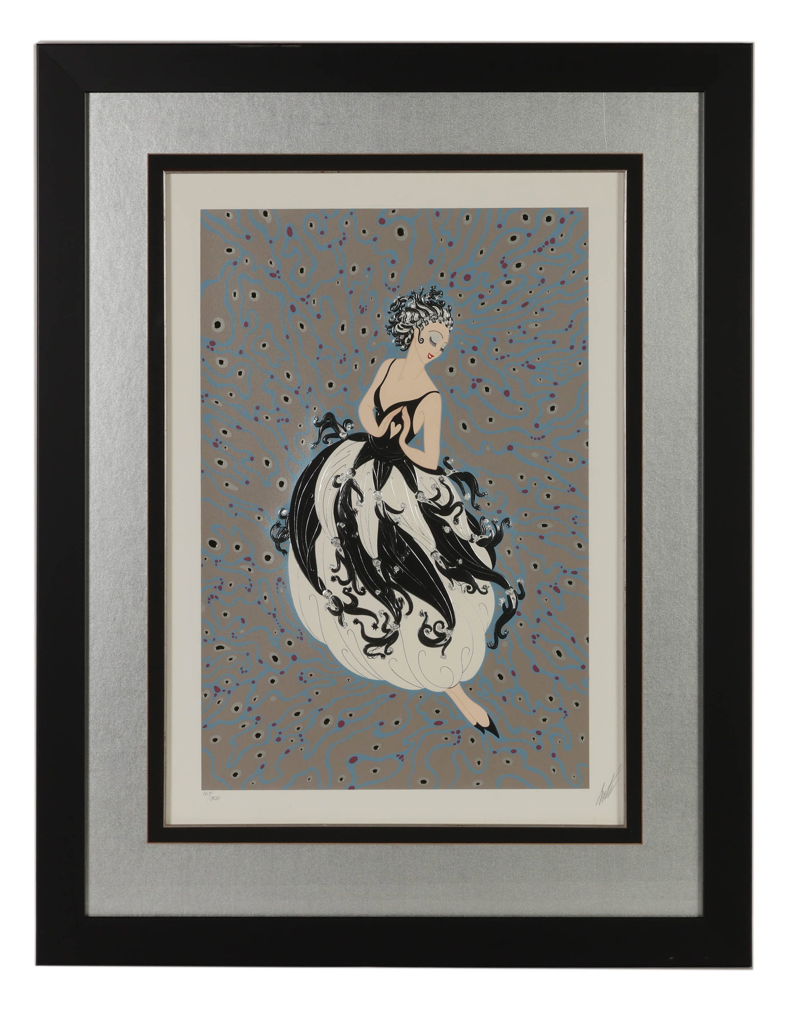 Erte 1892-1990 "Tuxedo" Embossed Serigraph SIGNED: Erte (Romain de Tirtoff, French, 1892-1990), Tuxedo, color serigraph on paper with embossing and metallic gold and silver foil embellishments, depicting an elegant female figure in an elaborate black 