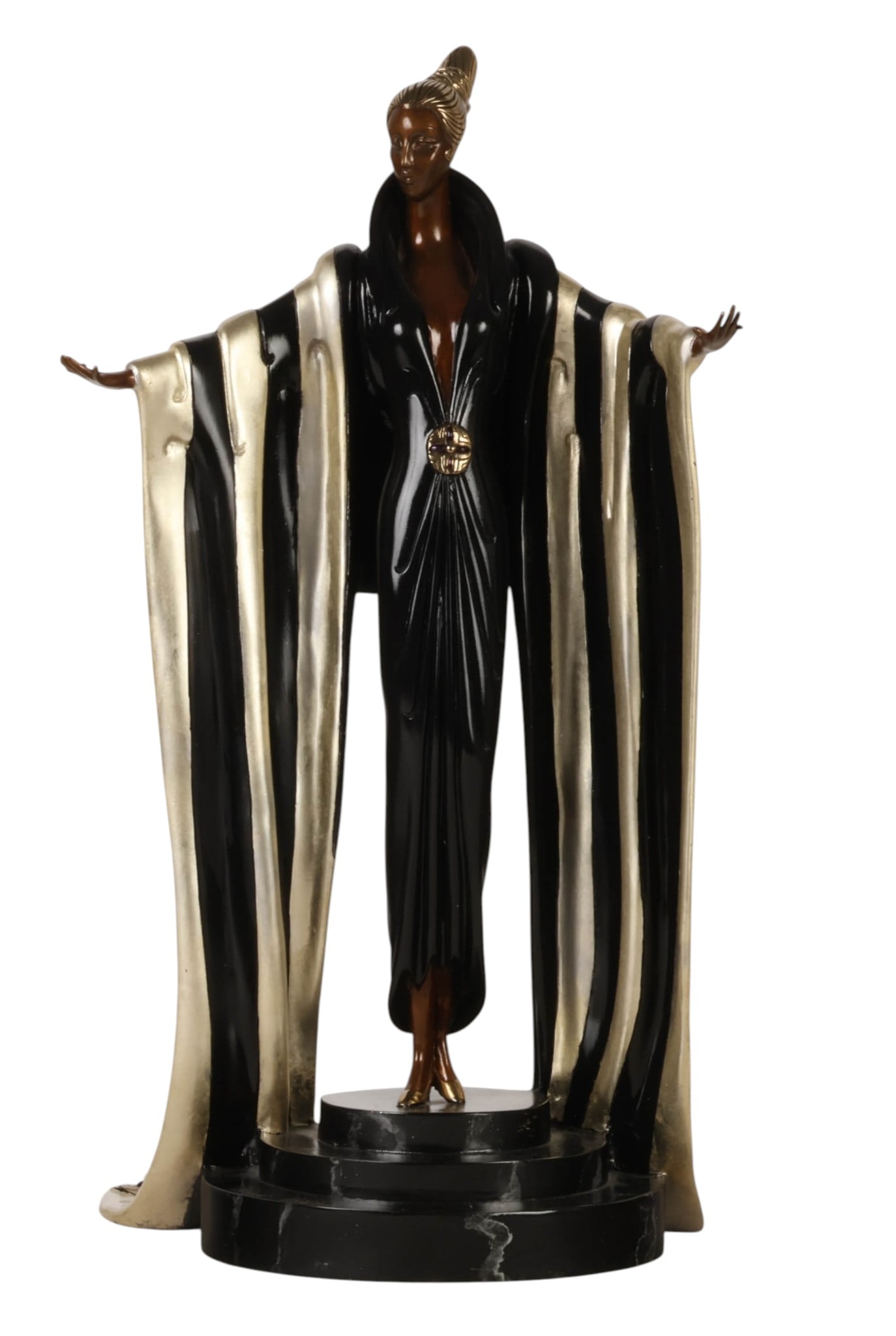 Erte 1892-1990 "Monaco" LE Female Bronze Sculpture: Erte (Romain de Tirtoff, Russian-French, 1892-1990), "Monaco," limited-edition cold-painted bronze sculpture depicting an elegant Art Deco female figure with outstretched arms, modeled in black, cream