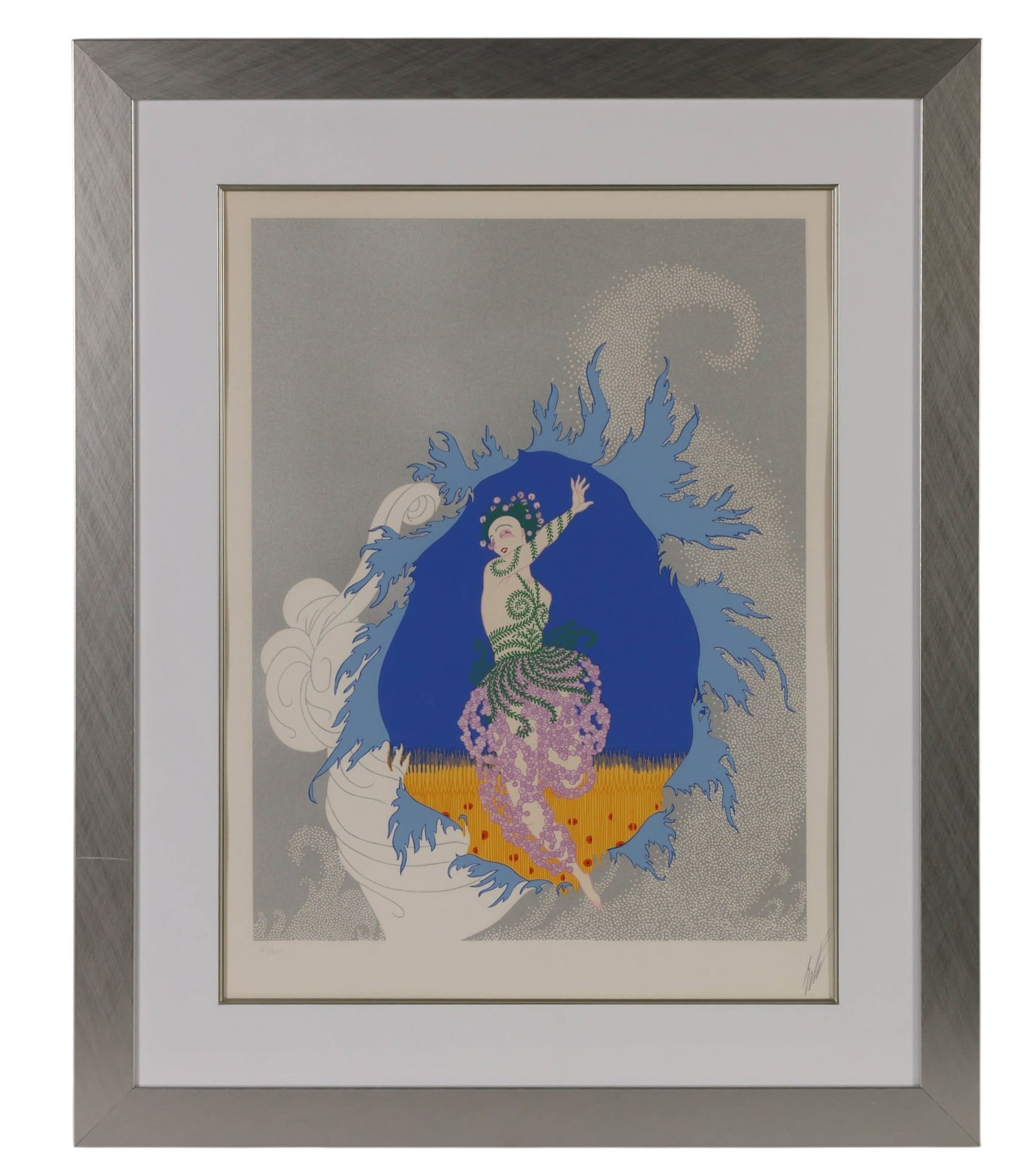 Erte 1892-1990 "Coming of Spring" Serigraph SIGNED: Erte (Romain de Tirtoff, French, 1892-1990), The Coming of Spring, color serigraph on paper depicting an elegantly stylized female figure emerging amid dramatic blue foliage and floral forms, executed