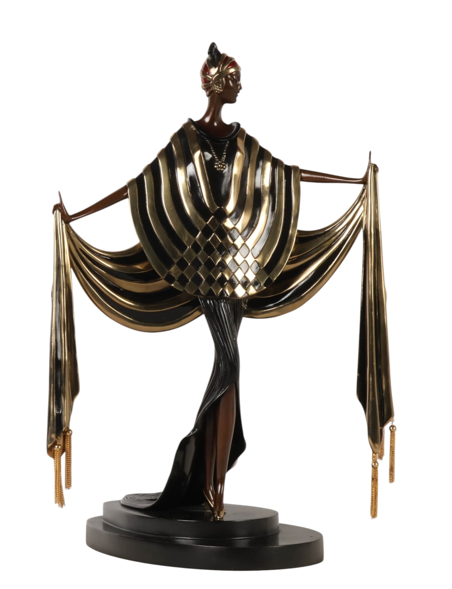Erte 1892-1990 "Opening Night" LE Bronze Sculpture: Erte (Romain de Tirtoff, Russian-French, 1892-1990), "Opening Night," limited-edition cold-painted bronze sculpture depicting an elegant Art Deco female figure with outstretched arms holding dramatic 