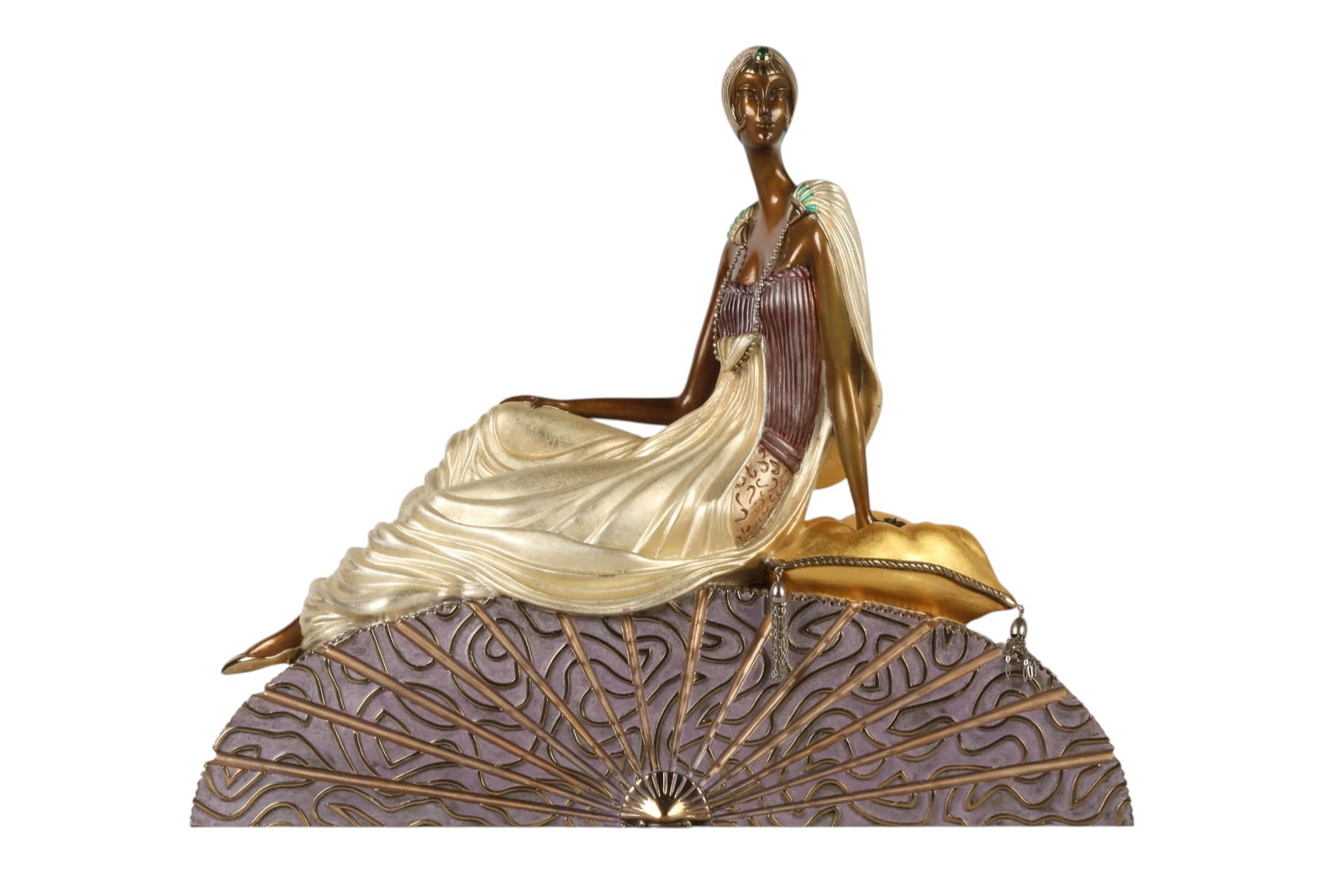 Erte 1892-1990 The Kings Favorite Bronze Sculpture: Erte (Romain de Tirtoff, Russian-French, 1892-1990), "The King's Favorite," limited-edition cold-painted and partial-gilt bronze sculpture depicting an elegant seated female figure in elaborate flowin