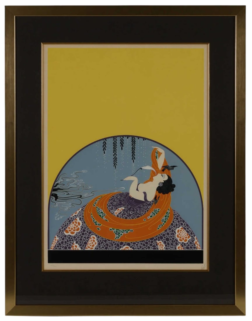 Erte 1892-1990 "After the Rain" Serigraph SIGNED: Erte (Romain de Tirtoff, French, 1892-1990), After the Rain, color serigraph on paper depicting an elegantly stylized female figure reclining beneath an arch amid decorative water, floral, and foliate