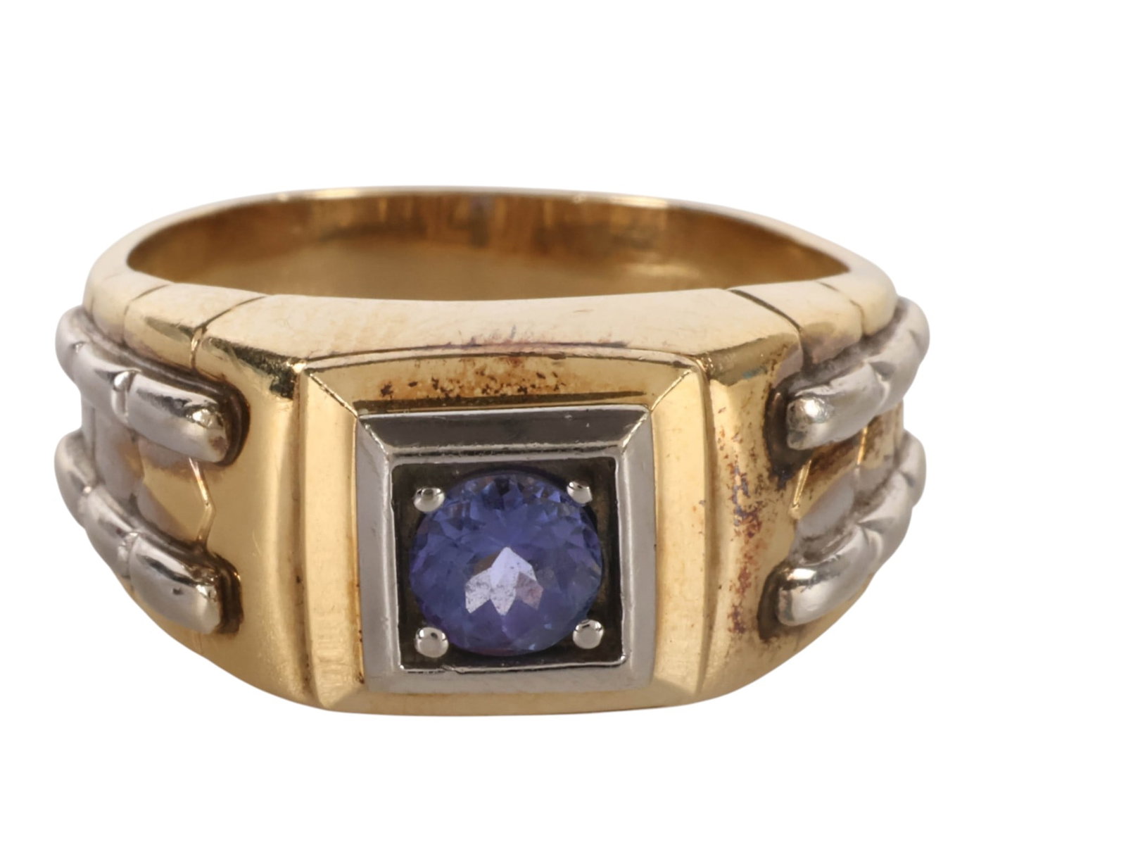 14k Yellow and White Gold Amethyst Men's Ring 10g: ItsHot men's 14K yellow and white gold ring set with a 3 x 3 mm center amethyst. The yellow gold band features double-line white gold accents flanking each side of the setting. Marked "14K HOT" inside