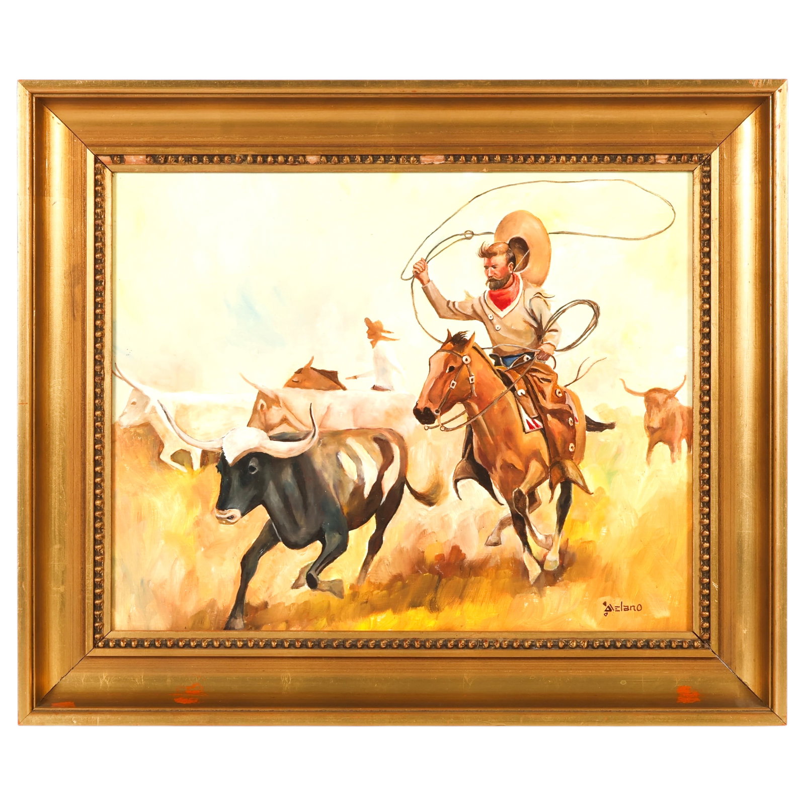 Gerard Curtis Delano 1890-1972 Cowboy Oil Painting: Gerard Curtis Delano (American, 1890-1972), oil painting on board depicting a Western ranch scene with a mounted cowboy swinging a lasso while pursuing a longhorn steer across an open plain. Additiona