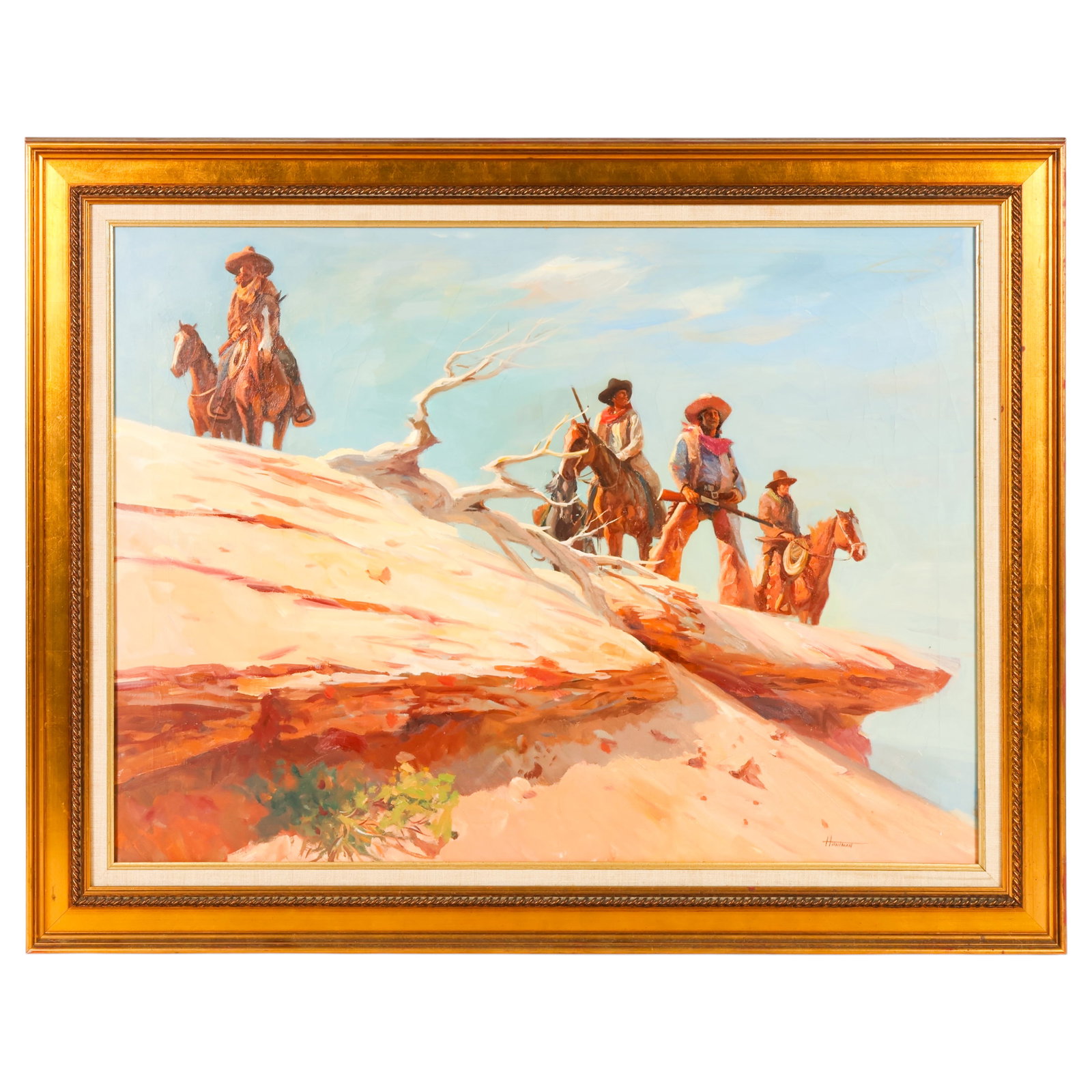 Carl Hantman 1933-2026 Figural Cowboy Oil Painting: Carl Hantman (American, 1933-2026), oil painting on canvas depicting a group of cowboys on horseback traversing a rocky desert landscape beneath an expansive blue sky. The composition features strong 