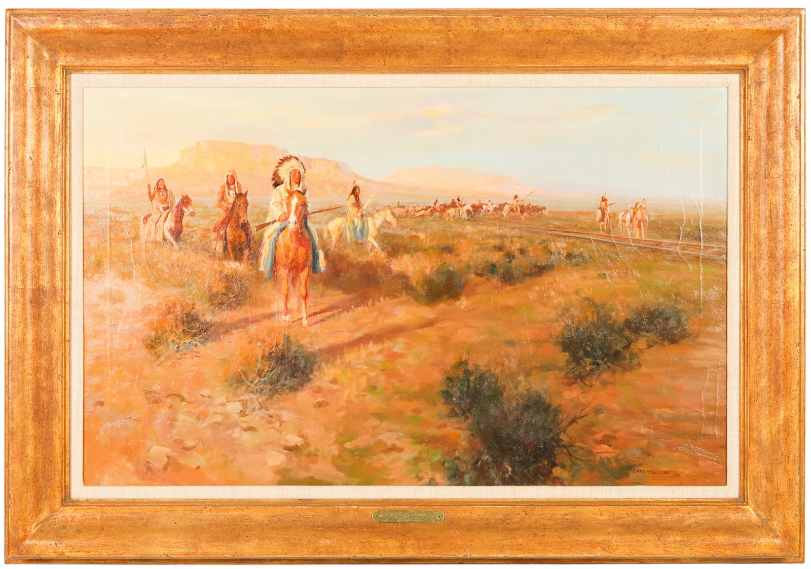 Carl Hantman 1933-2026 Trails of Change Painting: Carl Hantman (American, 1933-2026), "Trails of Change," oil painting on canvas depicting Native American riders on horseback traversing an expansive desert landscape alongside railroad tracks beneath 