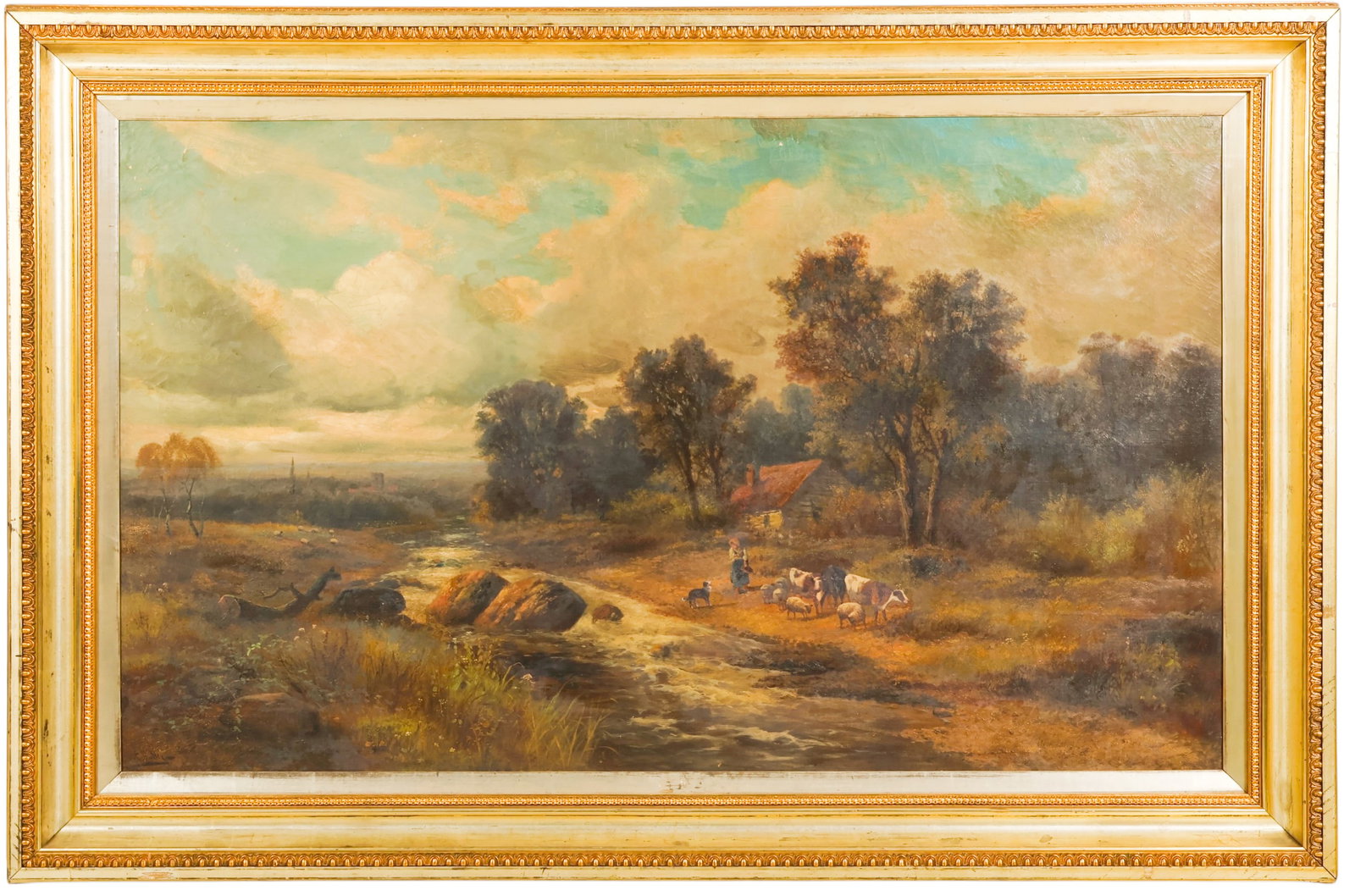 Abraham Hulk 1851-1922 Pastoral Landscape Painting: Abraham Hulk II (Dutch/British, 1851-1922), antique oil on canvas painting depicting a tranquil countryside scene with cattle and figures gathered along a winding stream beneath a dramatic cloud-fille