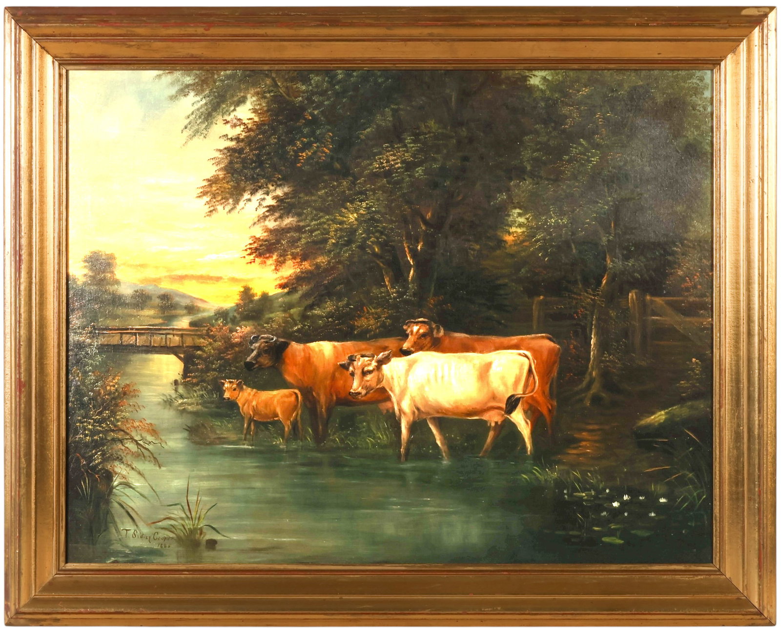 Thomas Sidney Cooper 1803-1902 Pastoral Painting: Thomas Sidney Cooper (British, 1803-1902), oil on canvas pastoral landscape painting depicting cattle standing in shallow water near a wooded riverbank at sunset, with a bridge and distant rolling hil
