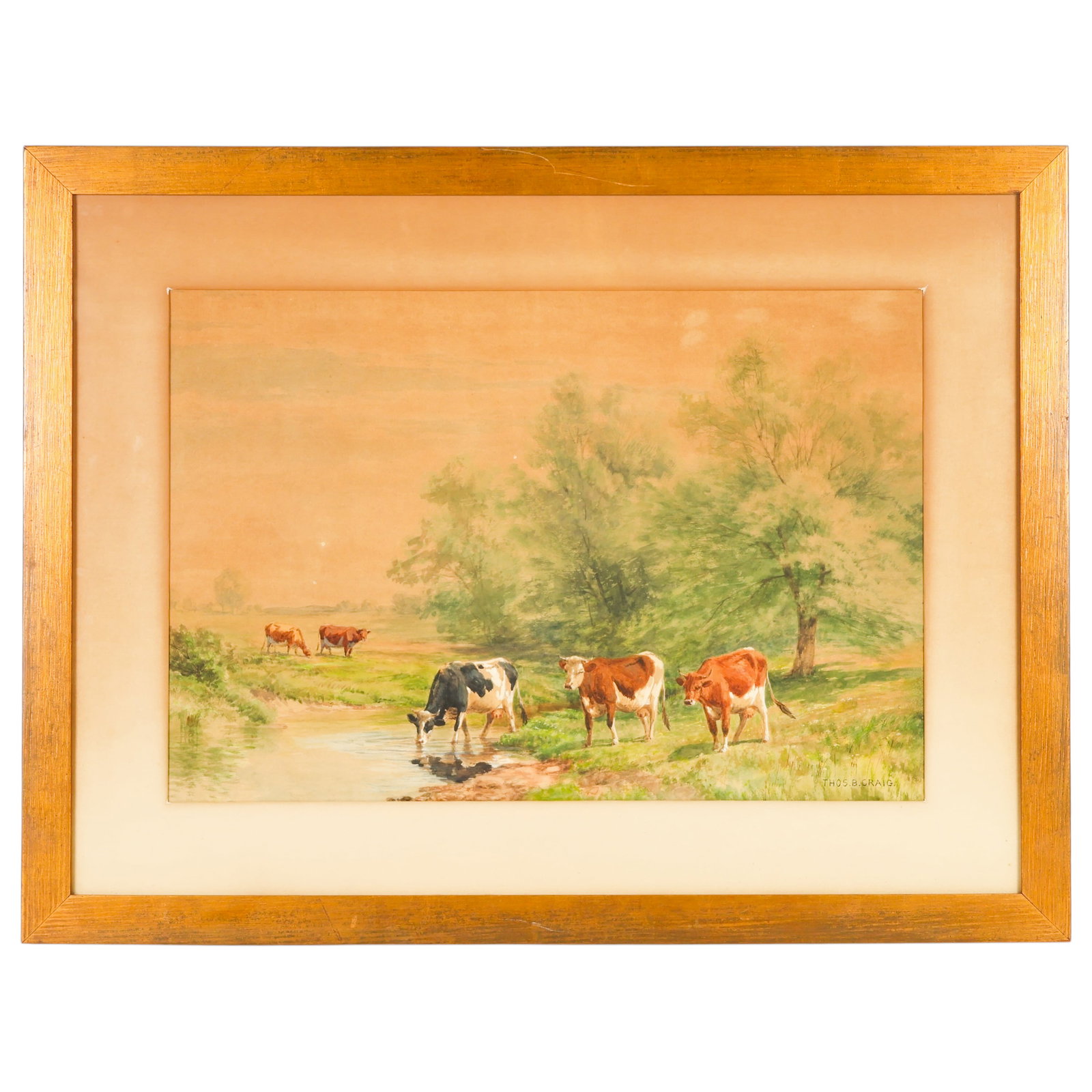 Thomas Bigelow Craig 1849-1924 Pastoral Painting: Thomas Bigelow Craig (American, 1849-1924), watercolor on paper depicting cows gathered beside a quiet stream within a pastoral landscape setting. The composition features several grazing cattle benea