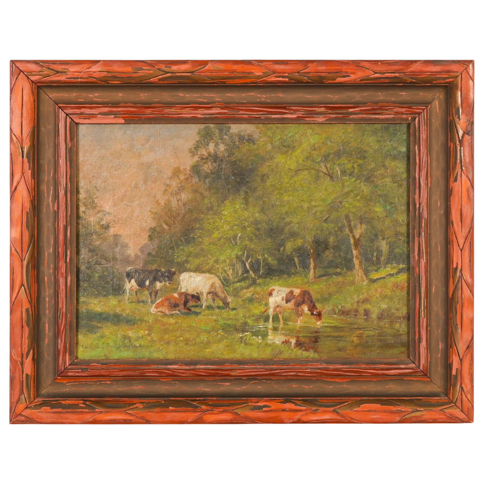 Thomas Bigelow Craig 1849-1924 Summer Day Painting: Thomas Bigelow Craig (American, 1849-1924), antique oil on canvas painting titled "Summer Days" depicting cattle grazing and drinking beside a wooded stream in a tranquil pastoral landscape. Rendered 