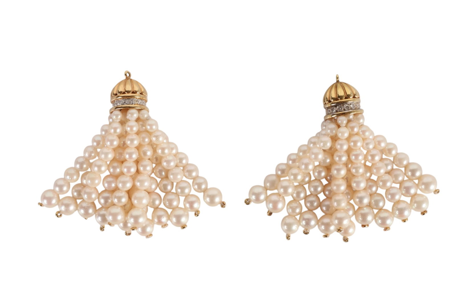 14K Gold Diamond and Pearl Tassel Pendants 2" PAIR: Pair of 14K gold, diamond, and graduated Akoya cultured pearl tassel pendants, each with a domed gold mount accented with diamonds and suspending multiple strands of graduated pearls measuring approxi