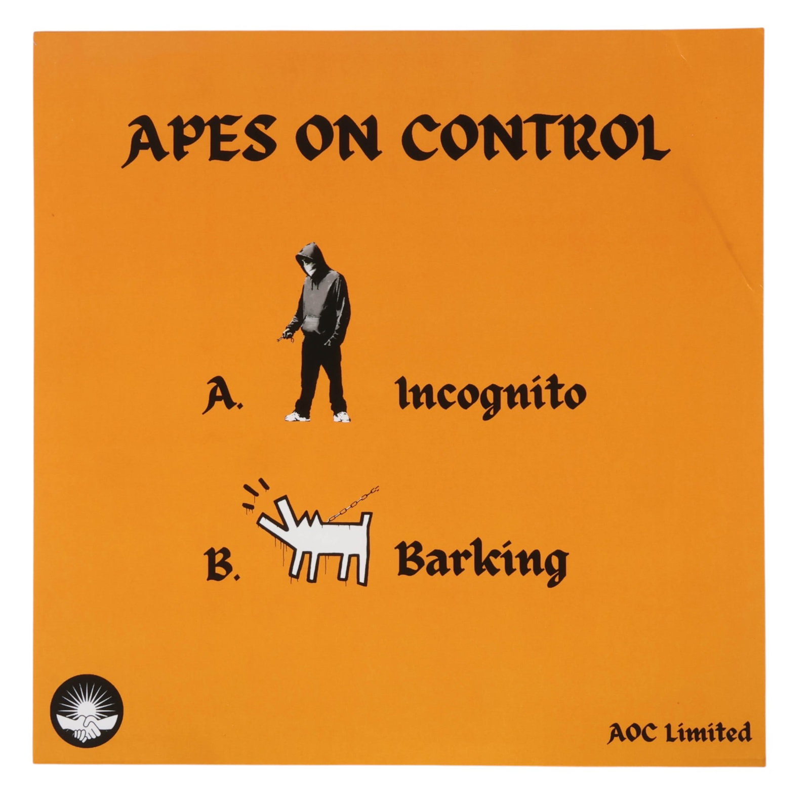 Banksy Apes on Control LE Novelty Vinyl LP Record: "Apes on Control," orange variant 12-inch unofficial novelty vinyl record with illustrated sleeve incorporating Pop Art and street-art imagery associated with Banksy's hooded figure from Choose Your W