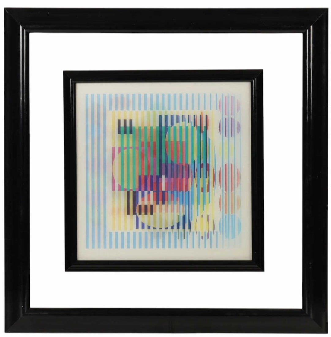 Yaacov Agam 1928-2026 Expansion Kenetic Agamograph: Yaacov Agam (Israeli, 1928-2026), "Expansion," Agamograph kinetic optical artwork featuring layered multicolored geometric forms and horizontal linear elements that create a shifting visual compositio