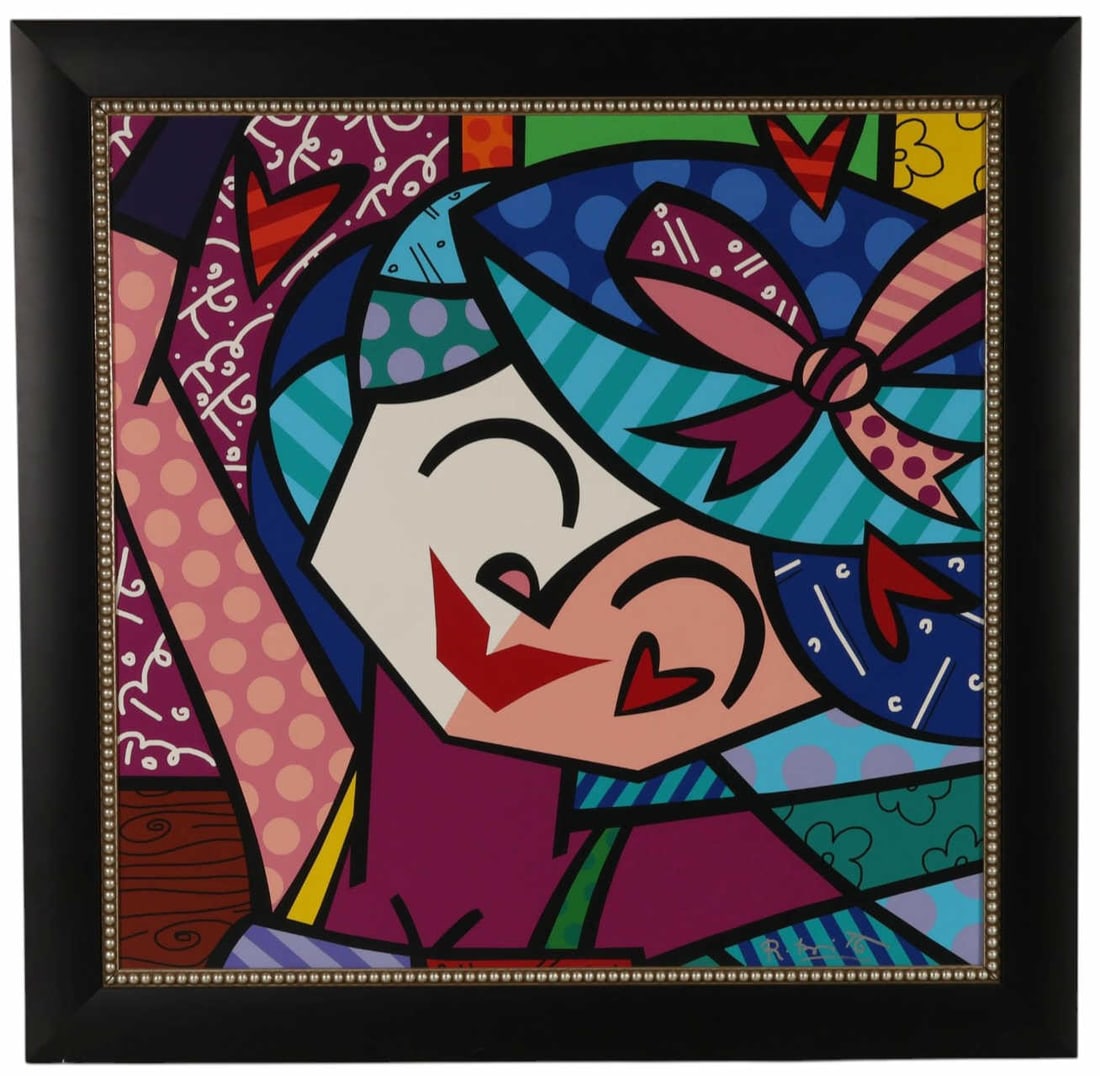 Romero Britto b.1963 "Two of Us" Giclee SIGNED: Romero Britto (Brazilian, born 1963), Two of Us, giclee on canvas depicting a stylized embracing couple rendered in the artist's signature bold colors and graphic patterns. Signed lower right. Present