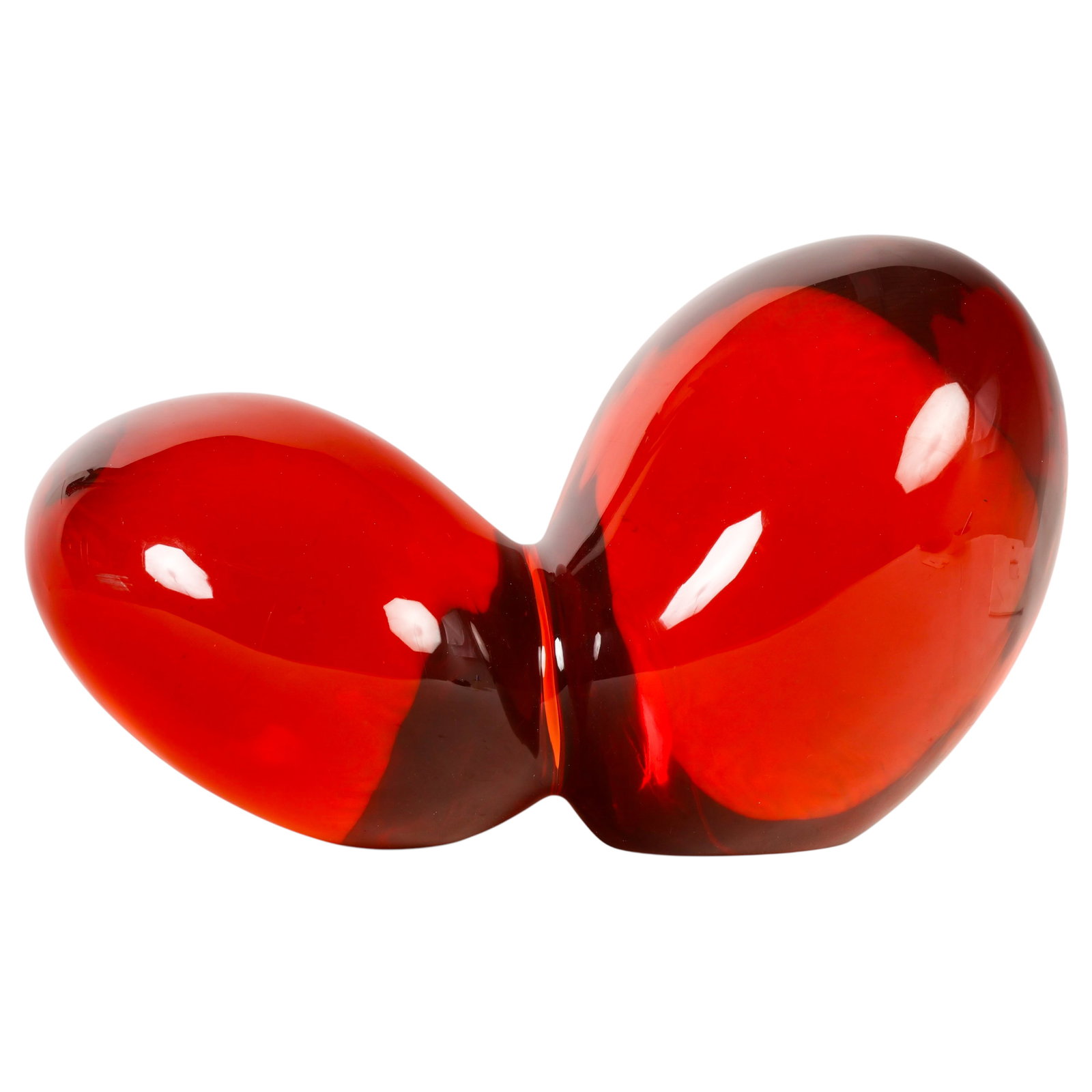 Vintage Abstract Biomorphic Red Acrylic Sculpture: Red acrylic abstract sculpture formed from translucent deep red acrylic with two rounded, bulbous forms joined at the center. The sculptural form is reminiscent of Mid-Century Italian design and later