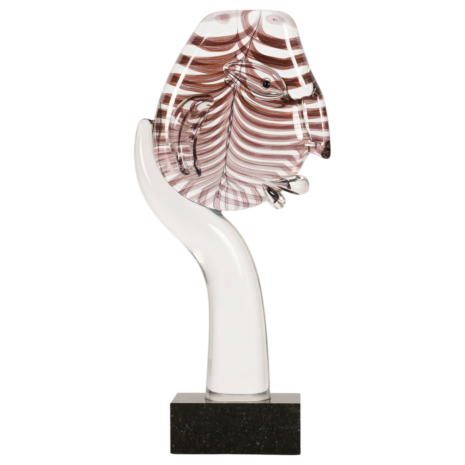 Henryk Ryze b.1956 Modern Art Glass Face Sculpture: Now's Home Barbara hand-blown art glass sculpture depicting a stylized abstract face, formed in clear glass with smoky brown and black linear decoration and applied facial features. Raised on a curved