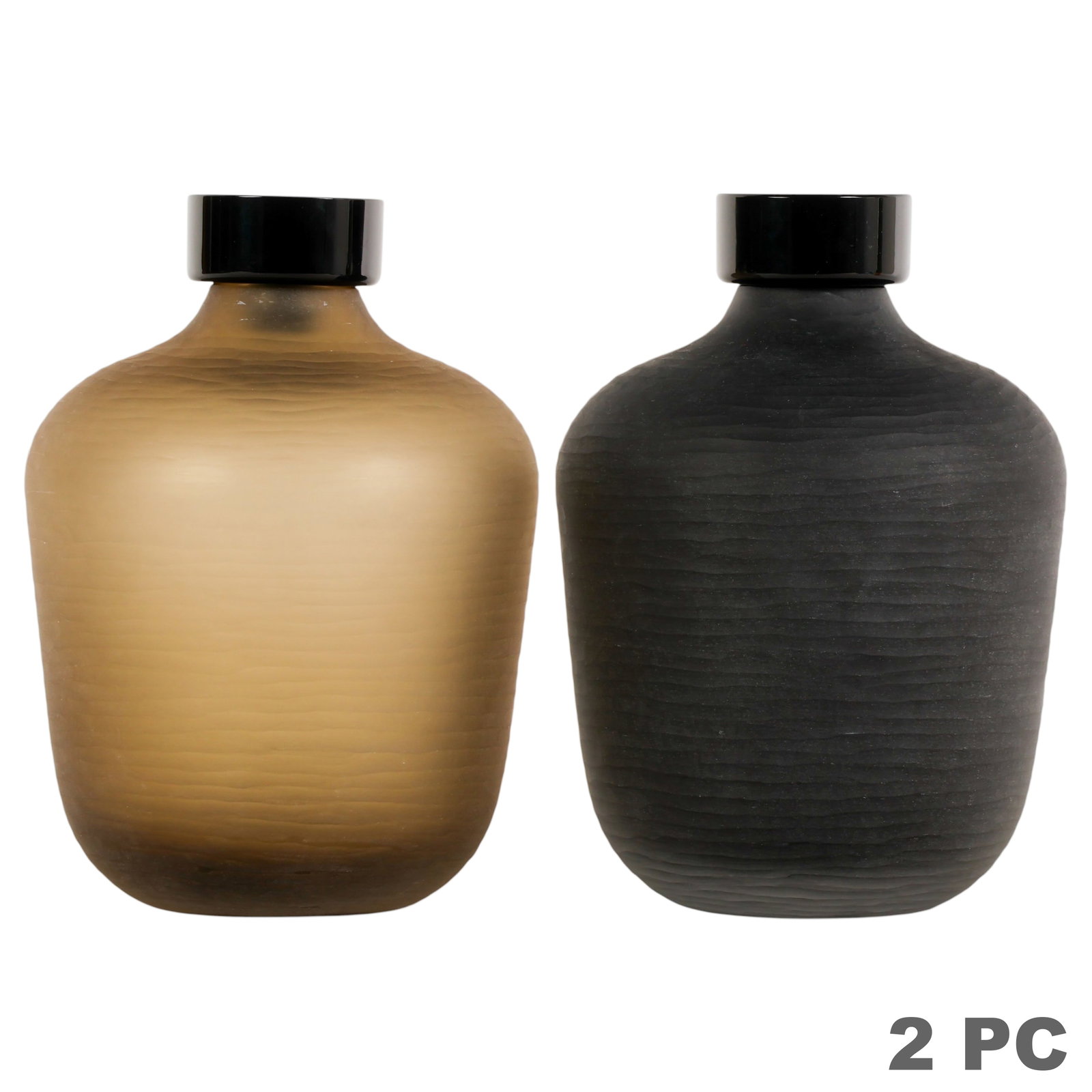 Ivan Baj Murano Arcade Bottles with Stopper PAIR: Pair of Italian Murano art glass bottles by Ivan Baj, from the Arcade series, each featuring a rounded frosted glass body with subtle horizontal striations and a contrasting glossy black stopper. One 