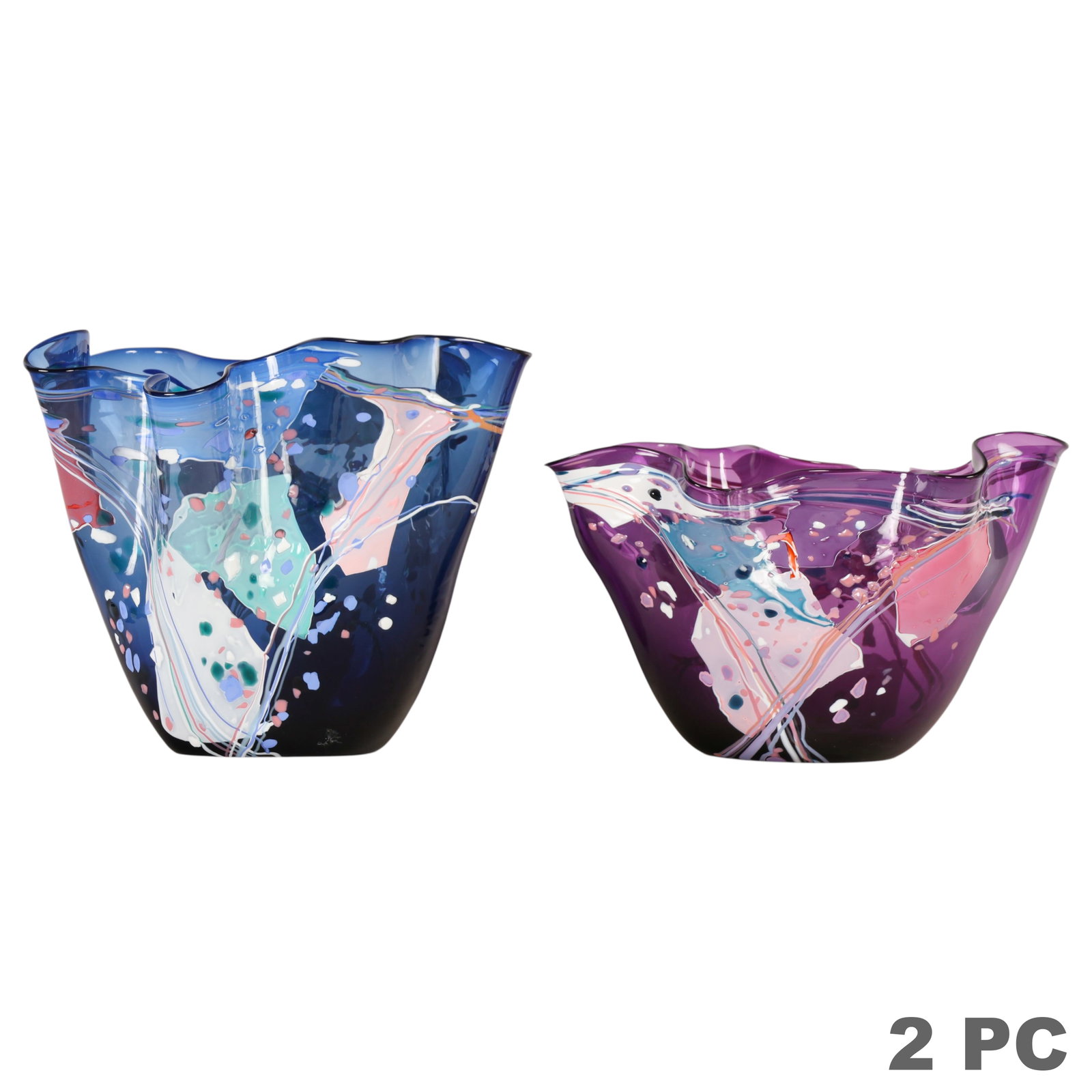 Stephen Nelson Two Studio Art Glass Vases 2pc LOT: Stephen Nelson lot of two studio art glass vases, each featuring an organically formed freeform body with undulating rims and expressive abstract decoration. The group comprises one purple glass vase 