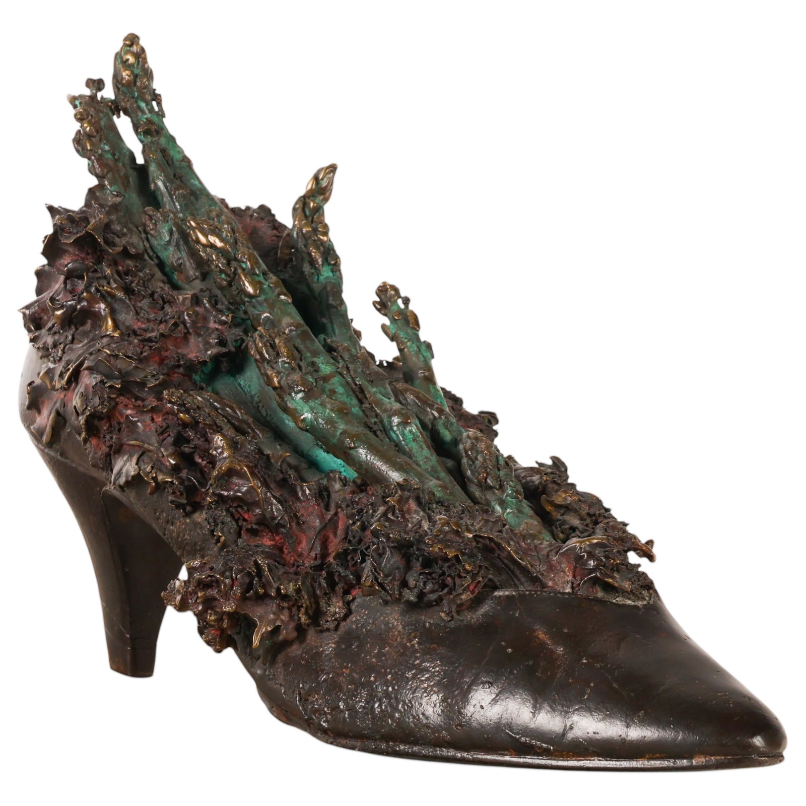 Steve Tobin b.1957 Bronze Asparagus Shoe Sculpture: Steven Robert (Steve) Tobin (American, born 1957), Surrealist-style bronze sculpture modeled as a high-heeled shoe, with leafy, salad-like botanical forms arranged around the interior rim and a cluste
