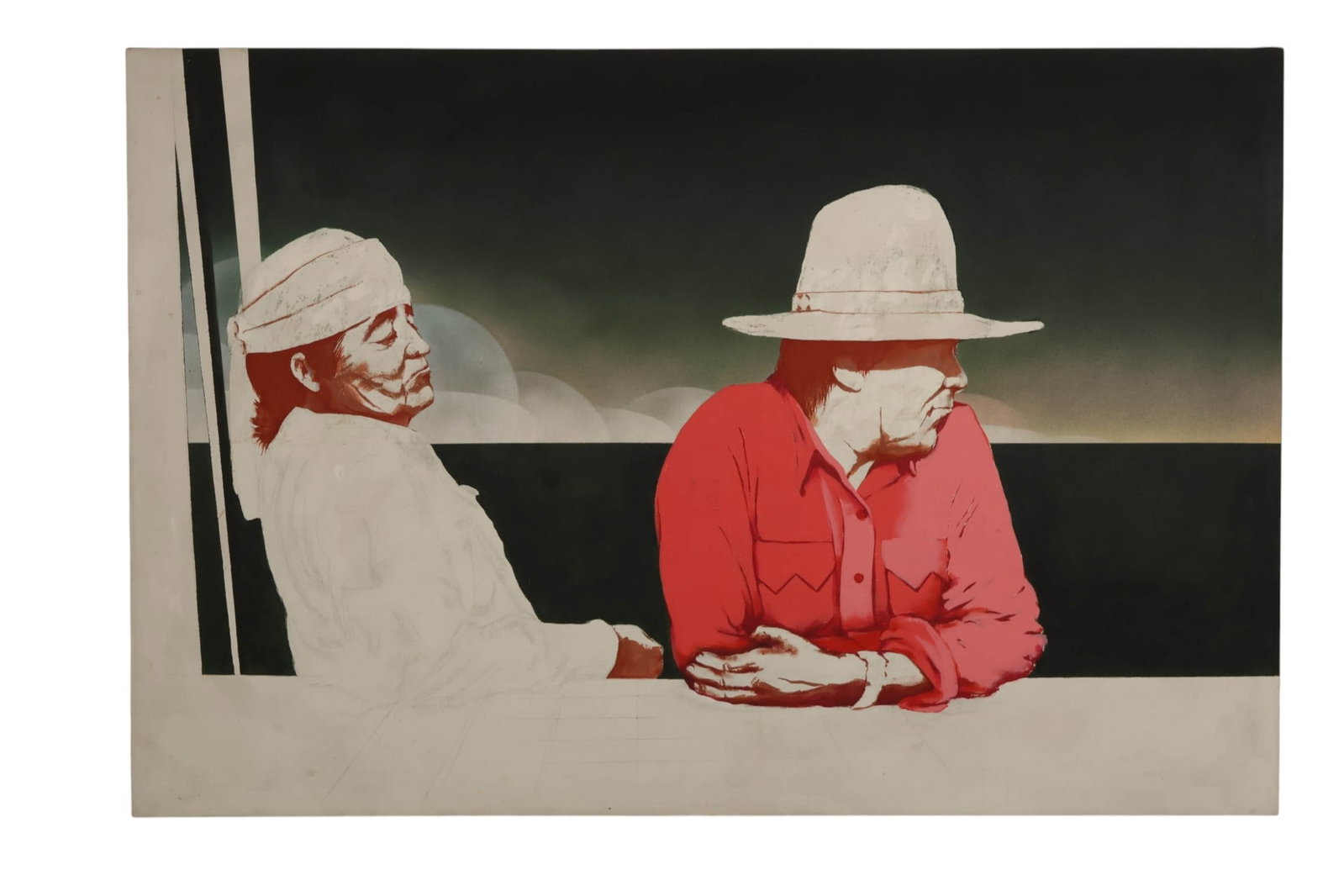 Bruce Butte 1920-2013 "Tonto & Big Pink" Painting: Bruce Wallace Butte (American, 1920-2013), Tonto & Big Pink, oil on canvas depicting two seated Native American figures rendered in a bold, graphic palette of black, white, gray, red, and pink. Accord
