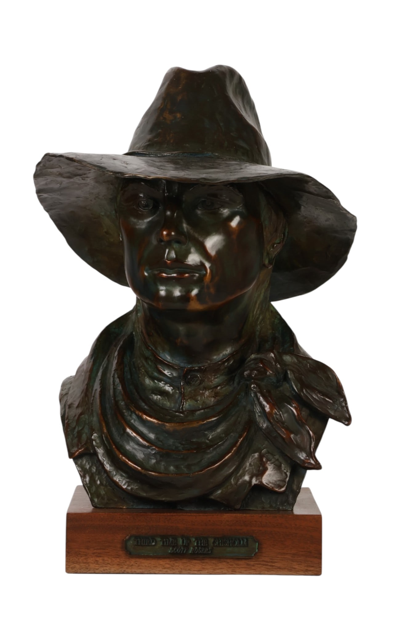Scott Rogers "Third Time Up The Chisholm" Bronze: Scott Rogers (American, born 1961), Third Time Up the Chisholm, patinated bronze bust depicting a cowboy wearing a broad-brimmed hat and neckerchief, mounted on a rectangular wood base with an applied