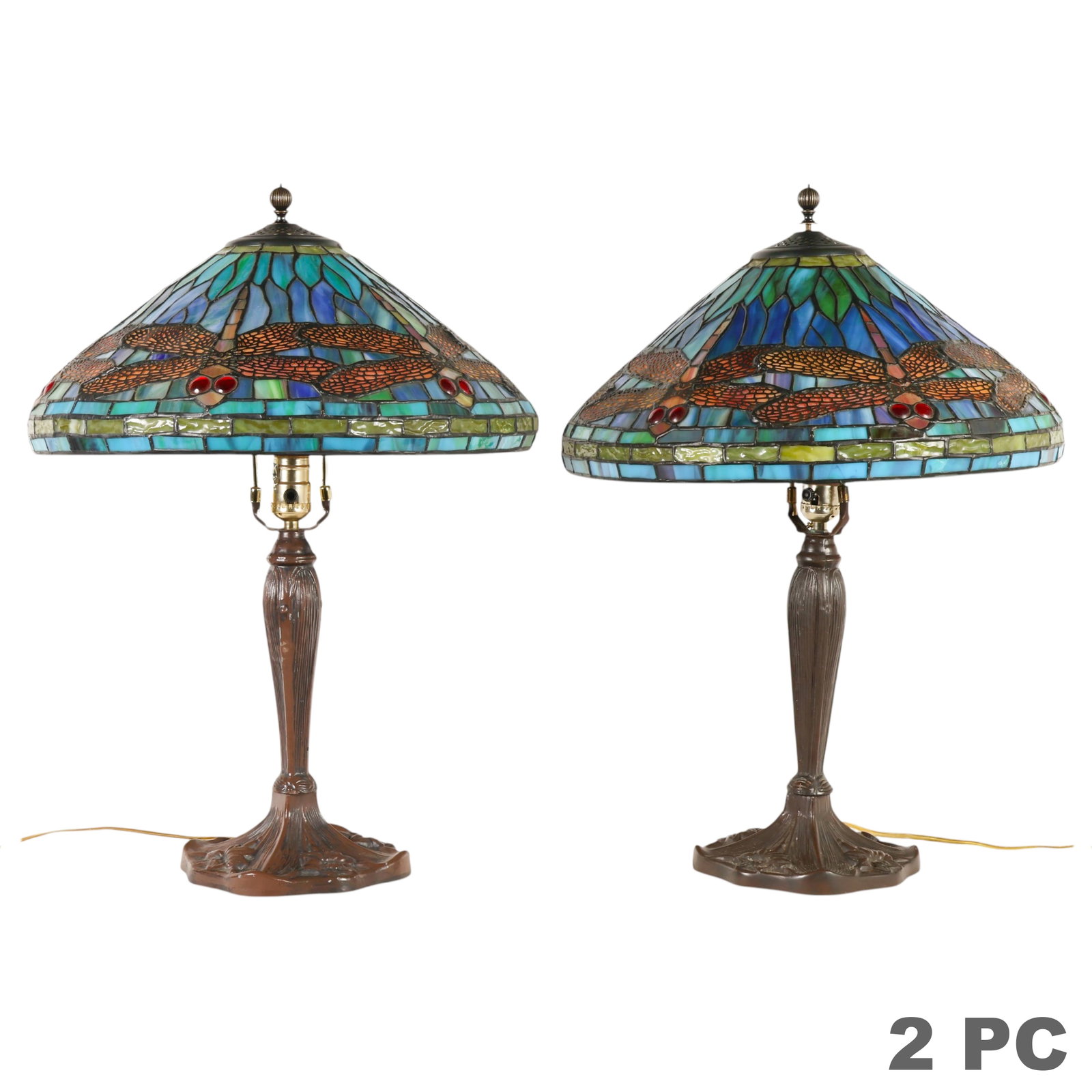 Tiffany Style Pair Dragonfly Stained Glass Lamps (1 of 6)