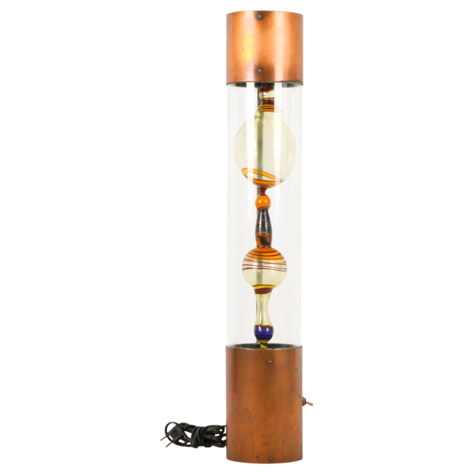 Artisan Studio Art Blown Glass & Copper Tube Lamp: Artisan-made studio art glass and copper table lamp, featuring a clear cylindrical glass body enclosing a suspended multicolored blown glass sculptural element, with copper-toned cylindrical upper and