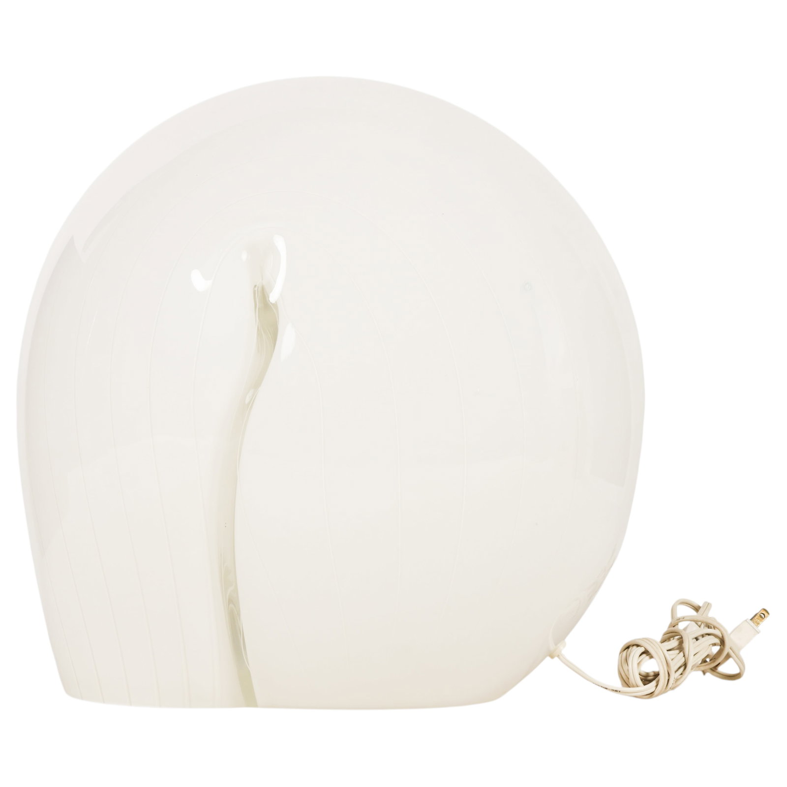 Murano Style Vintage Bulbous-Form Glass Table Lamp: Vintage Italian Murano-style table lamp of sculptural form, crafted in opaque white and clear blown glass with subtle vertical linear detailing and a polished rounded profile. The internal fixture is 