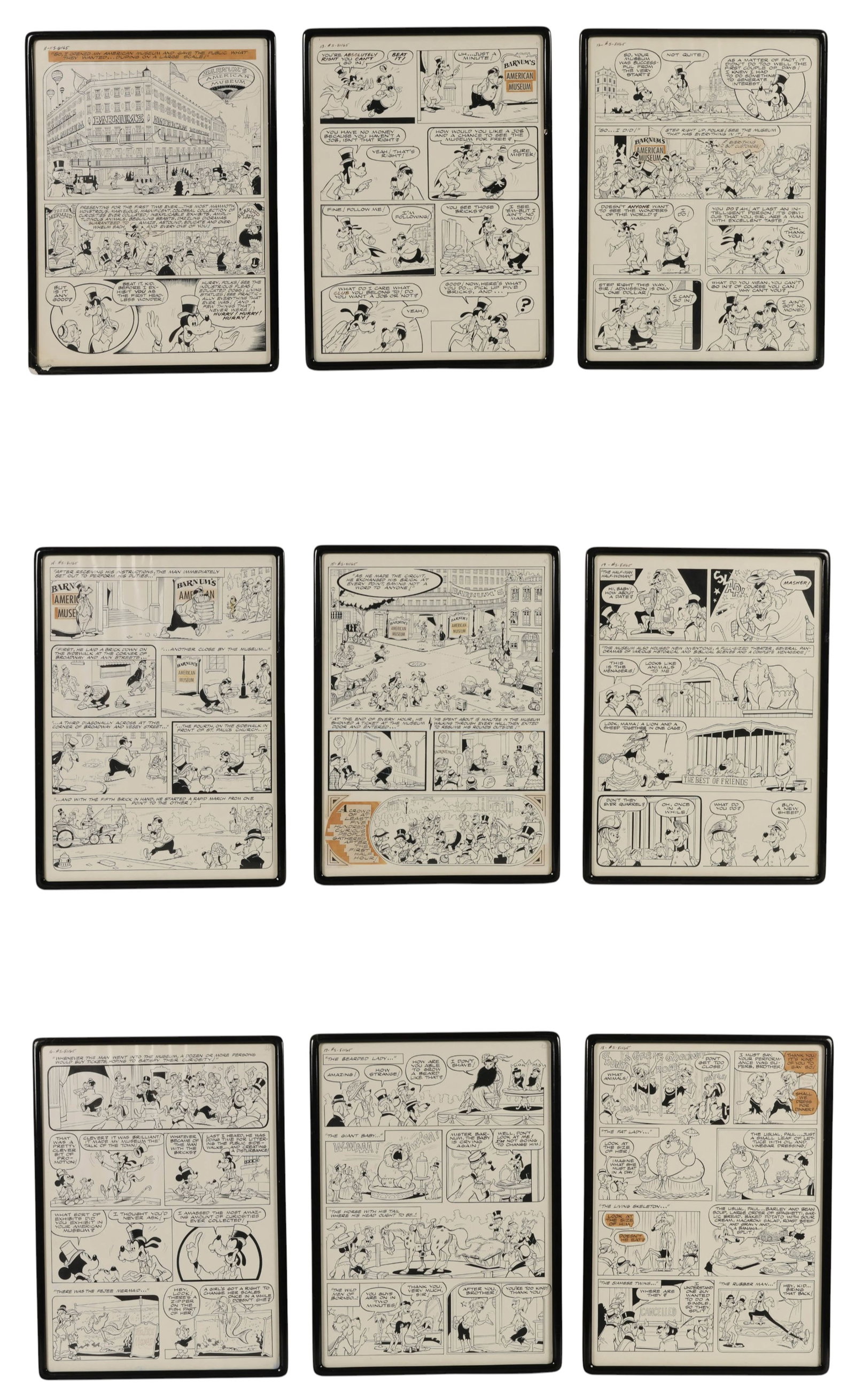 Goofy "T. Barnum" Disney Comic Animation Art 11-19: career. Executed in black ink and graphite with hand-lettered dialogue on professional twice-up comic art boards, the pages display expressive Disney character work, panel layouts, editorial