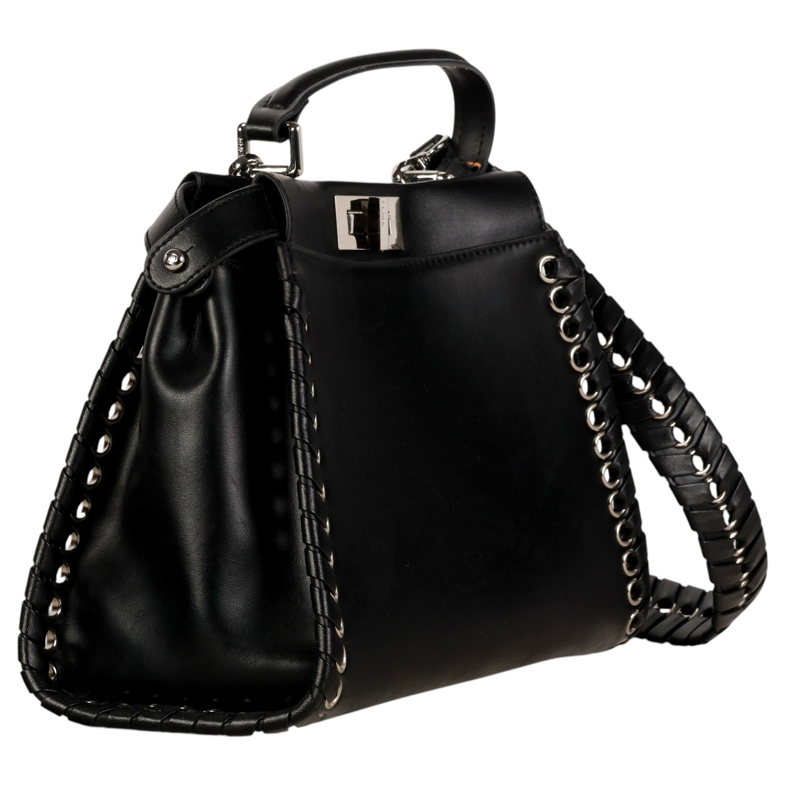 Fendi Peekaboo Black Leather Grommet Lace-Up Purse: Fendi Italian luxury designer Peekaboo handbag crafted in black leather with silver-tone grommet and leather lace-up detailing along the sides and edges. Features the signature Peekaboo turn-lock clos