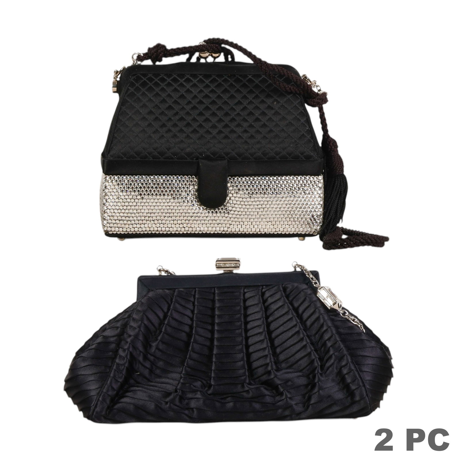 Judith Leiber Black Satin Minaudiere Handbags LOT: Judith Leiber pair of black evening handbags comprising one structured shoulder bag and one pleated satin clutch. The structured bag features a two-part hard-sided form with a rhinestone-covered lower
