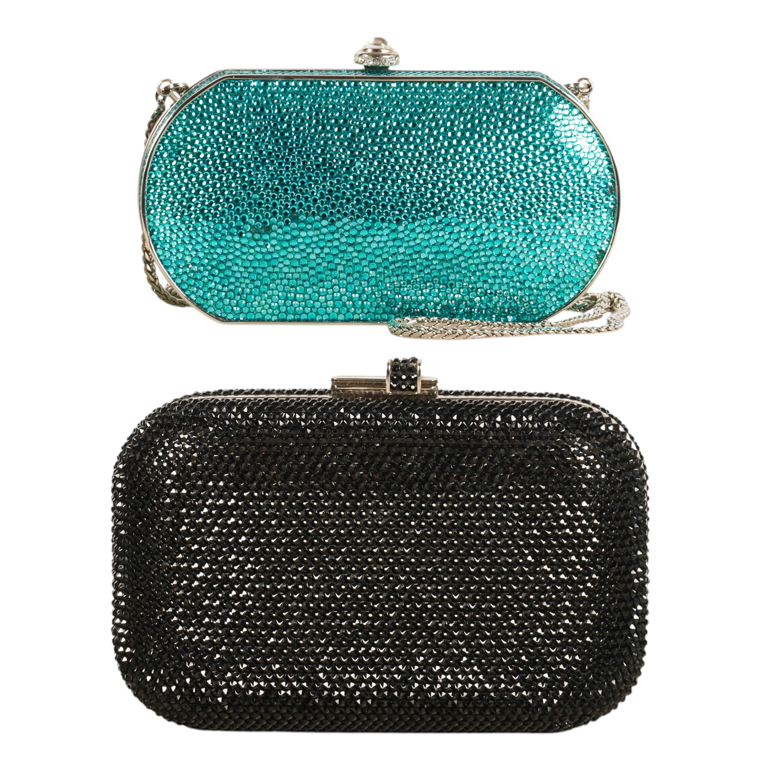 Judith Leiber & Kathrine Baumann Evening Bags LOT: Lot of two designer crystal evening bags comprising one Judith Leiber black crystal minaudiere clutch and one Kathrine Baumann turquoise blue crystal minaudiere. The Judith Leiber features an allover 