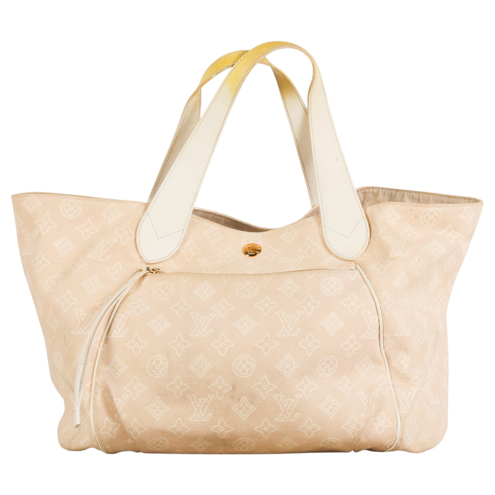 Louis Vuitton LE Monogram Cabas Ipanema Tote Bag: Louis Vuitton limited edition Cabas Ipanema tote from the 2009 Cruise Collection, crafted in light beige woven canvas with an allover Monogram motif, white leather trim and double shoulder straps, gol
