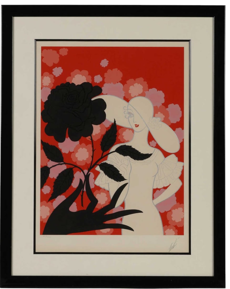 Erte 1892-1990 "Black Rose" 1975 Serigraph SIGNED: Erte (Romain de Tirtoff, French, 1892-1990), Black Rose, color serigraph on paper depicting an elegant female figure beside an oversized black rose against a vibrant red and pink floral ground, execut
