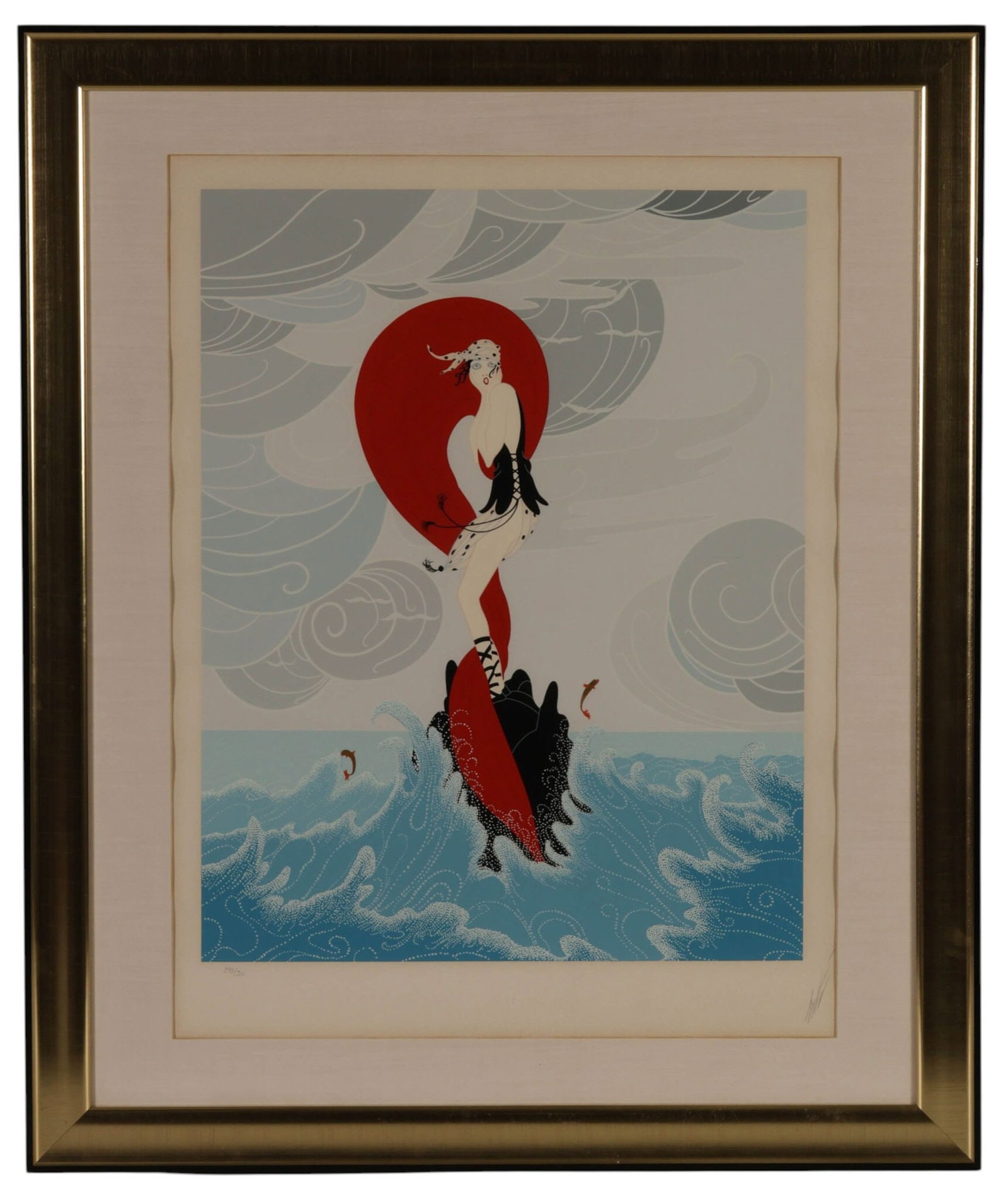 Erte 1892-1990 Echouee (Stranded) Serigraph SIGNED: Erte (Romain de Tirtoff, French, 1892-1990), Echouee (Stranded), 1983, color serigraph on paper depicting a stylized female figure stranded at sea beneath a dramatic red sun and swirling clouds, execu