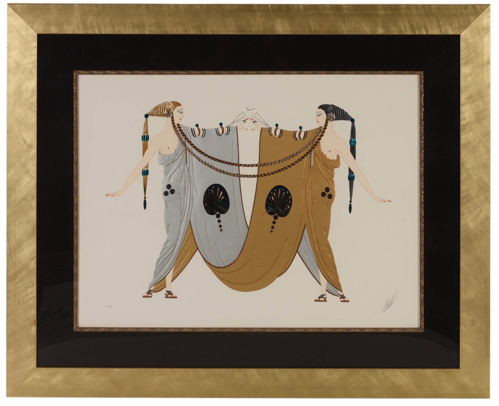 Erte 1892-1990 "Sisters" Embossed Serigraph SIGNED: Erte (Romain de Tirtoff, French, 1892-1990), Sisters, color serigraph on paper with high-relief embossing and metallic gold and silver foil embellishments, depicting two elegantly stylized female figu
