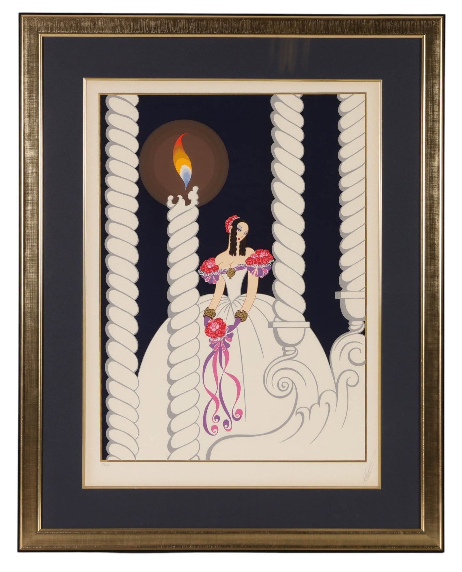 Erte 1892-1990 "La Traviata" 1982 Serigraph SIGNED: Erte (Romain de Tirtoff, French, 1892-1990), La Traviata, color serigraph on paper depicting an elegantly dressed female figure amid monumental classical columns, executed in the artist's distinctive 