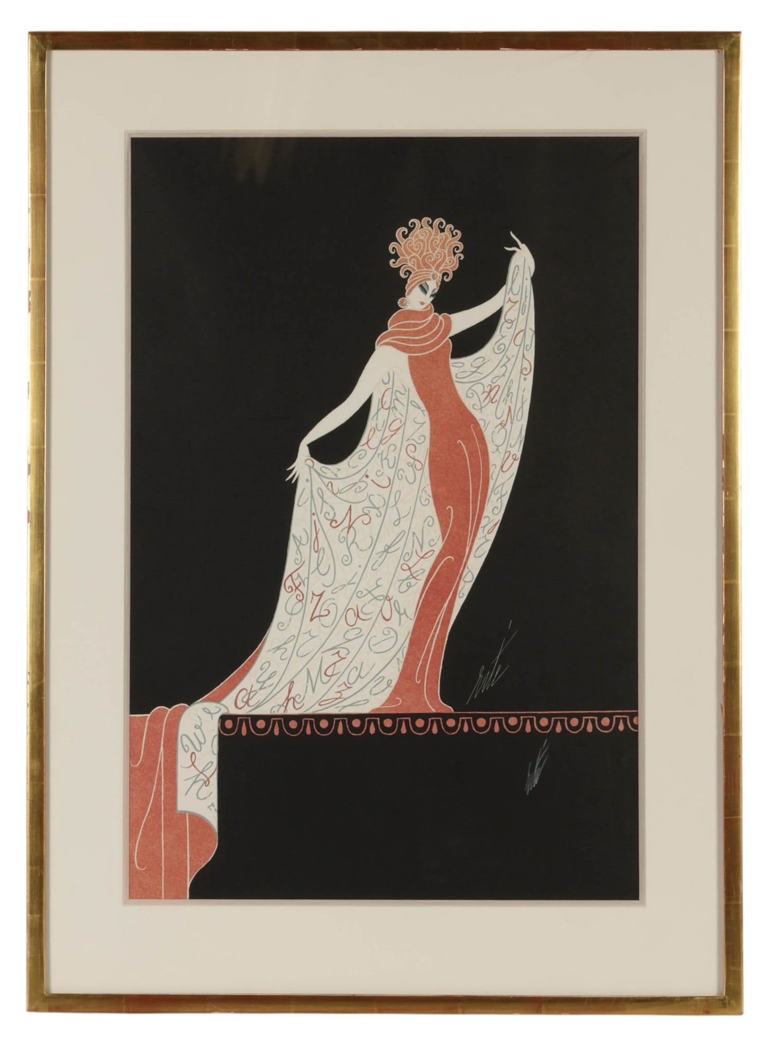 Erte 1892-1990 "The Alphabet Cloak" Litho SIGNED: Romain de Tirtoff, Erte (French/Russian, 1892-1990), L'Alphabet (The Alphabet Cloak), color serigraph on paper depicting a stylized Art Deco female figure wearing an elaborate flowing cloak embellishe