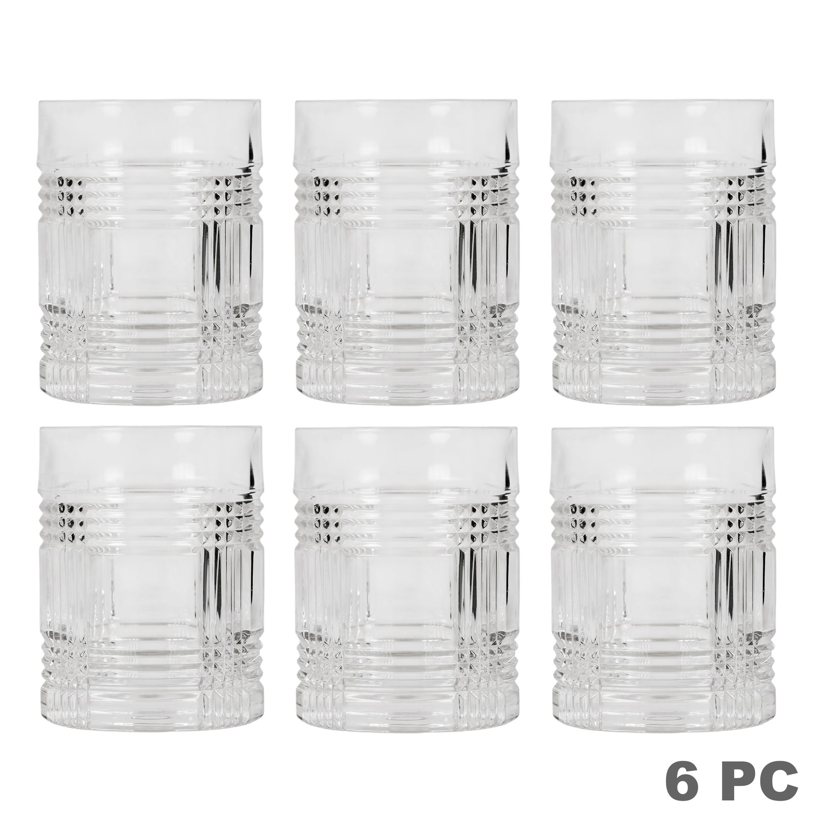 Ralph Lauren Plaid Old Fashioned Glasses 6pc SET: Set of six clear crystal whisky glasses in the classic Plaid pattern, featuring geometric crosshatched, linear, and diamond-cut decoration. Earlier production examples with foil maker labels removed. 