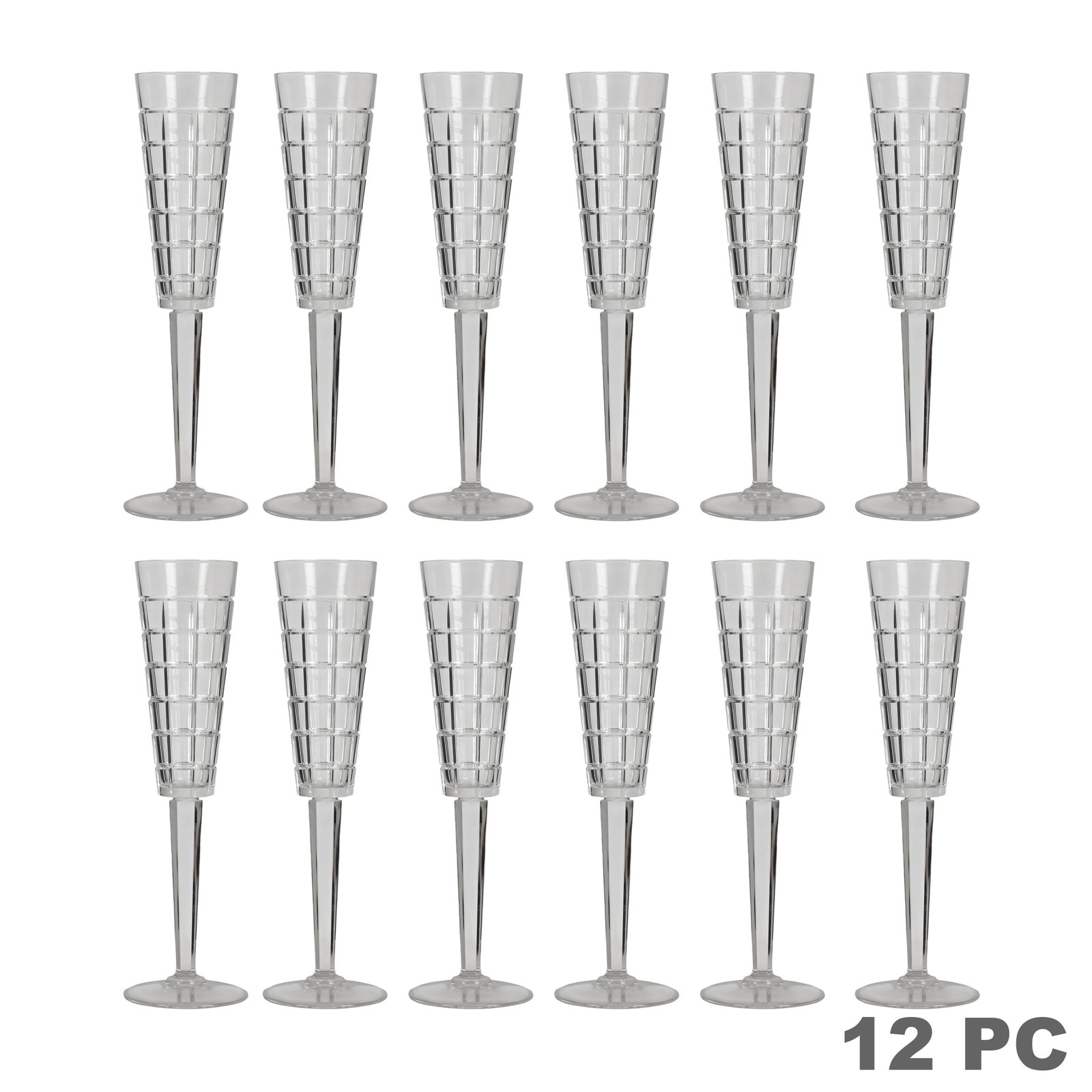 Ralph Lauren "Monaco" Champagne Glasses 12pc SET: Ralph Lauren set of twelve crystal champagne flutes in the Monaco pattern, each featuring a tall tapered bowl with geometric cut grid decoration, faceted stem, and circular foot. Each signed Ralph Lau