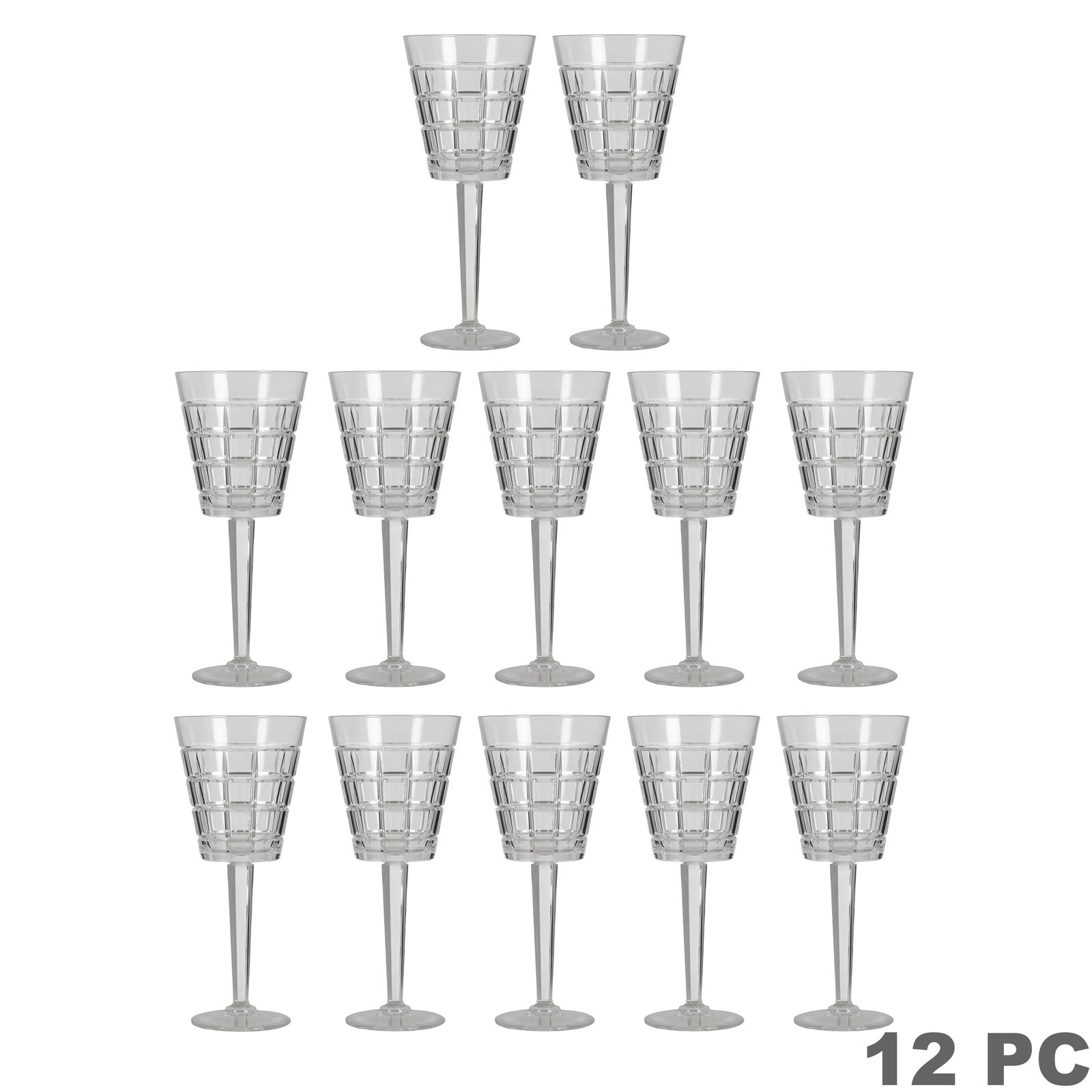 Ralph Lauren Monaco Water Goblet Glasses 12pc SET: Ralph Lauren set of twelve crystal water goblets in the Monaco pattern. Each features a geometric cut grid design with a faceted stem and circular foot, presenting a classic architectural appearance. 