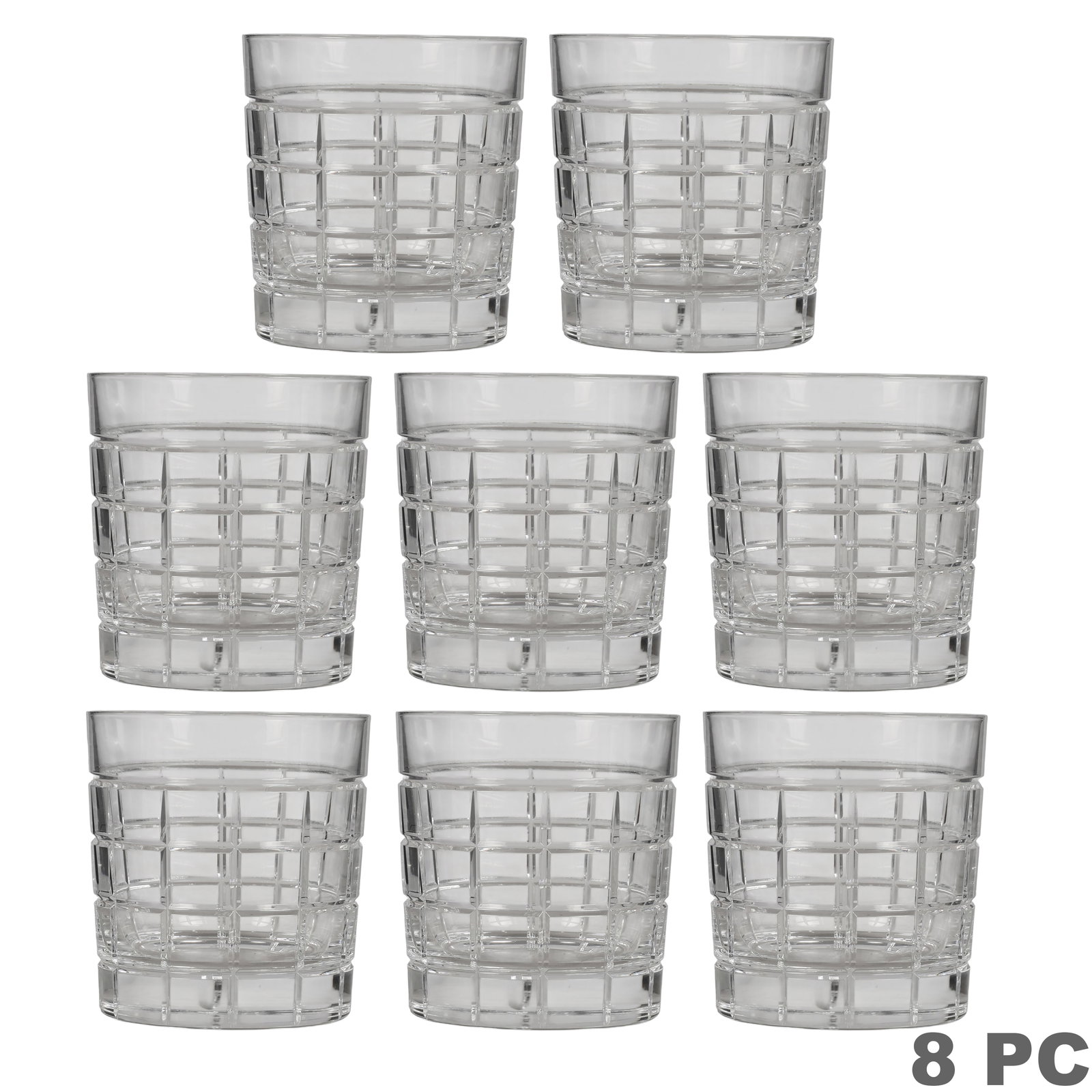 Ralph Lauren Monaco Double Old Fashioned Glass SET: Ralph Lauren set of eight crystal double old fashioned glasses in the Monaco pattern. Each features a geometric cut design of intersecting vertical and horizontal lines with a substantial clear crysta