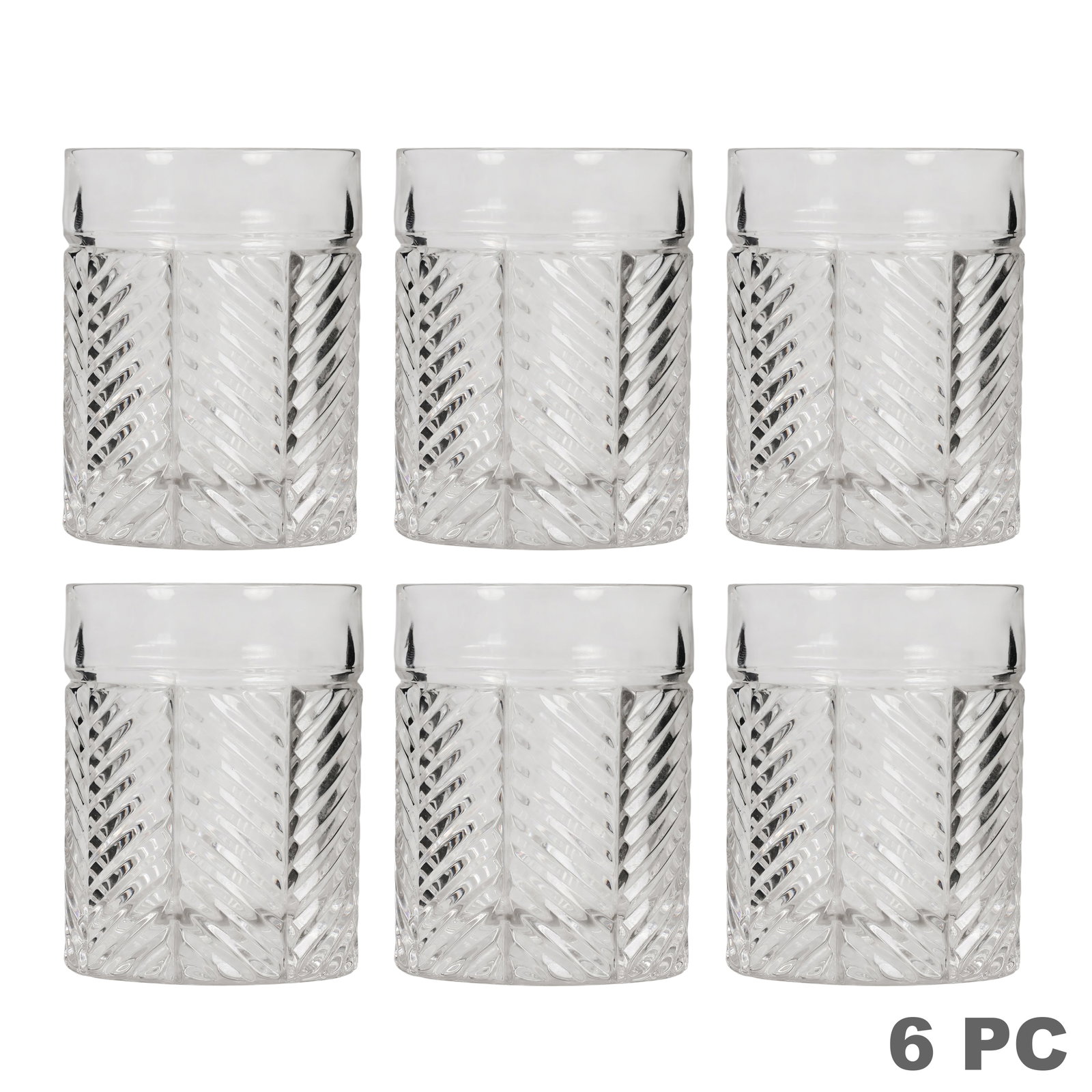 Ralph Lauren Herringbone Old Fashioned Glasses SET: Ralph Lauren set of six vintage clear crystal old-fashioned whisky glasses featuring the classic Herringbone pattern with cut geometric leaf-like panels and substantial bases. Earlier production examp