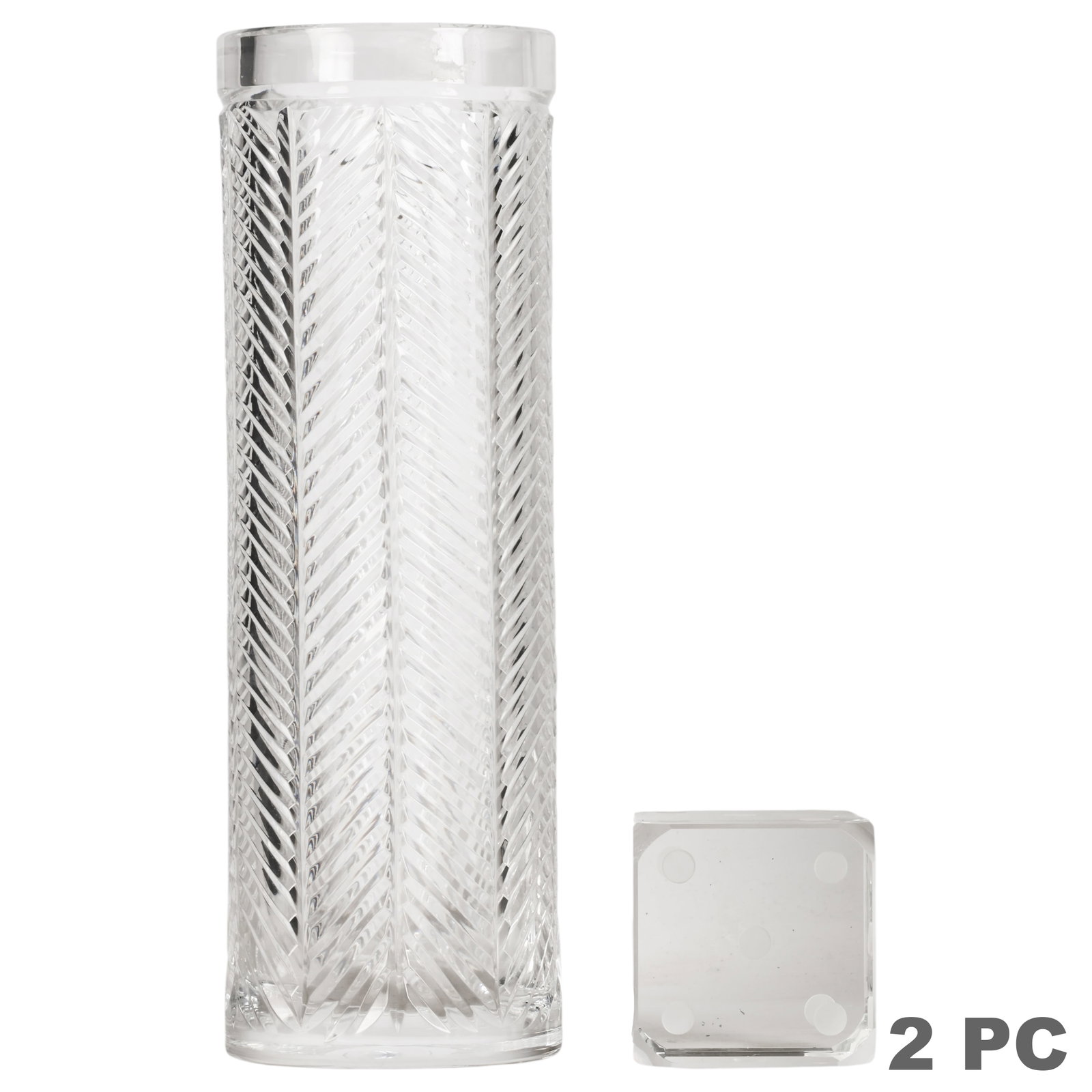 Ralph Lauren Herringbone Vase and Dice Paperweight: Ralph Lauren two-piece crystal grouping comprising one tall cylindrical vase with cut herringbone pattern and one beveled cube-form crystal die decorated with frosted polka-dot pips. Vase etched "Ralp