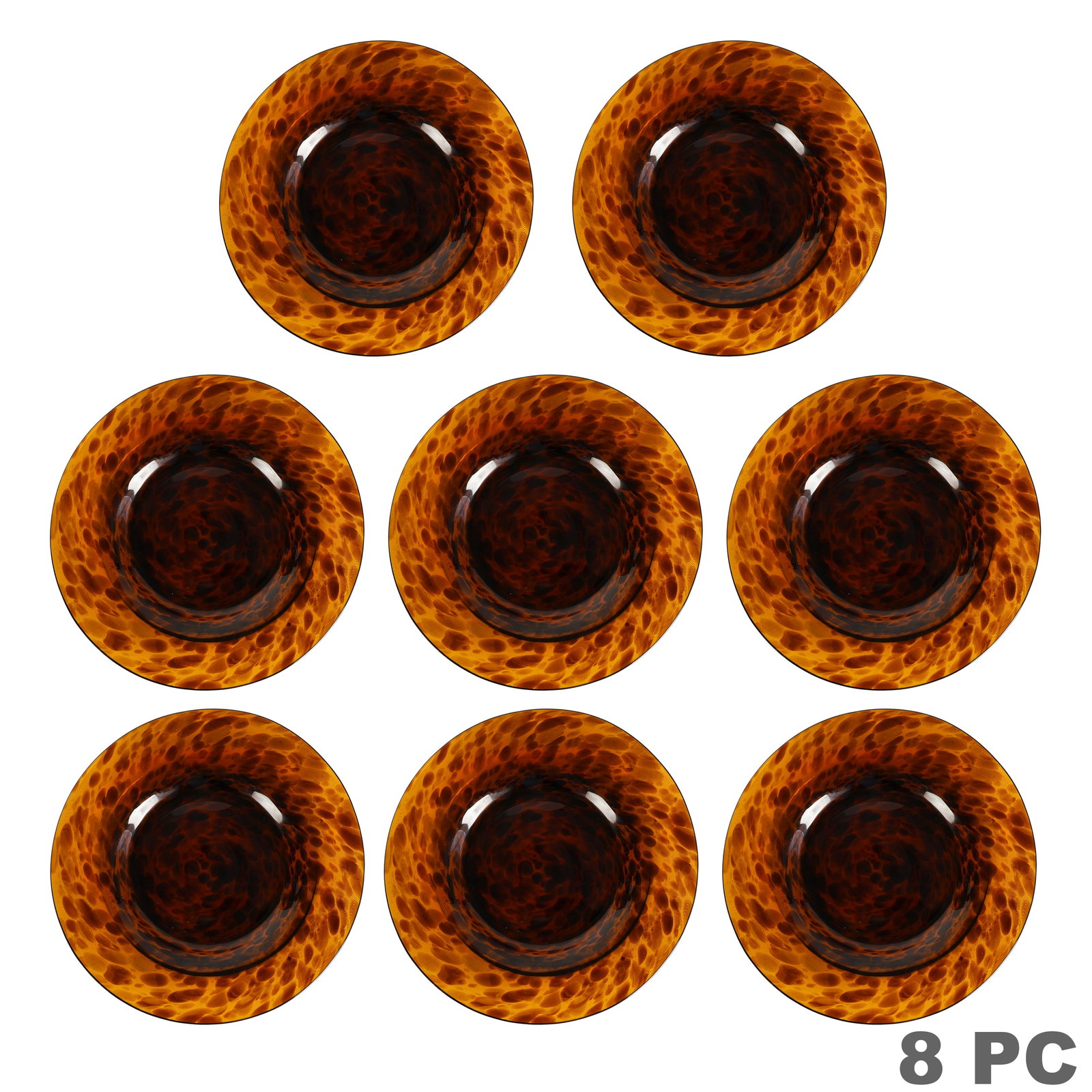 Ralph Lauren Tortoiseshell Murano Glass Plates SET: Set of eight Ralph Lauren Home Murano glass salad plates from the Safari Collection, crafted in Italy with a rich amber-toned tortoiseshell pattern featuring mottled dark brown inclusions. Each plate 